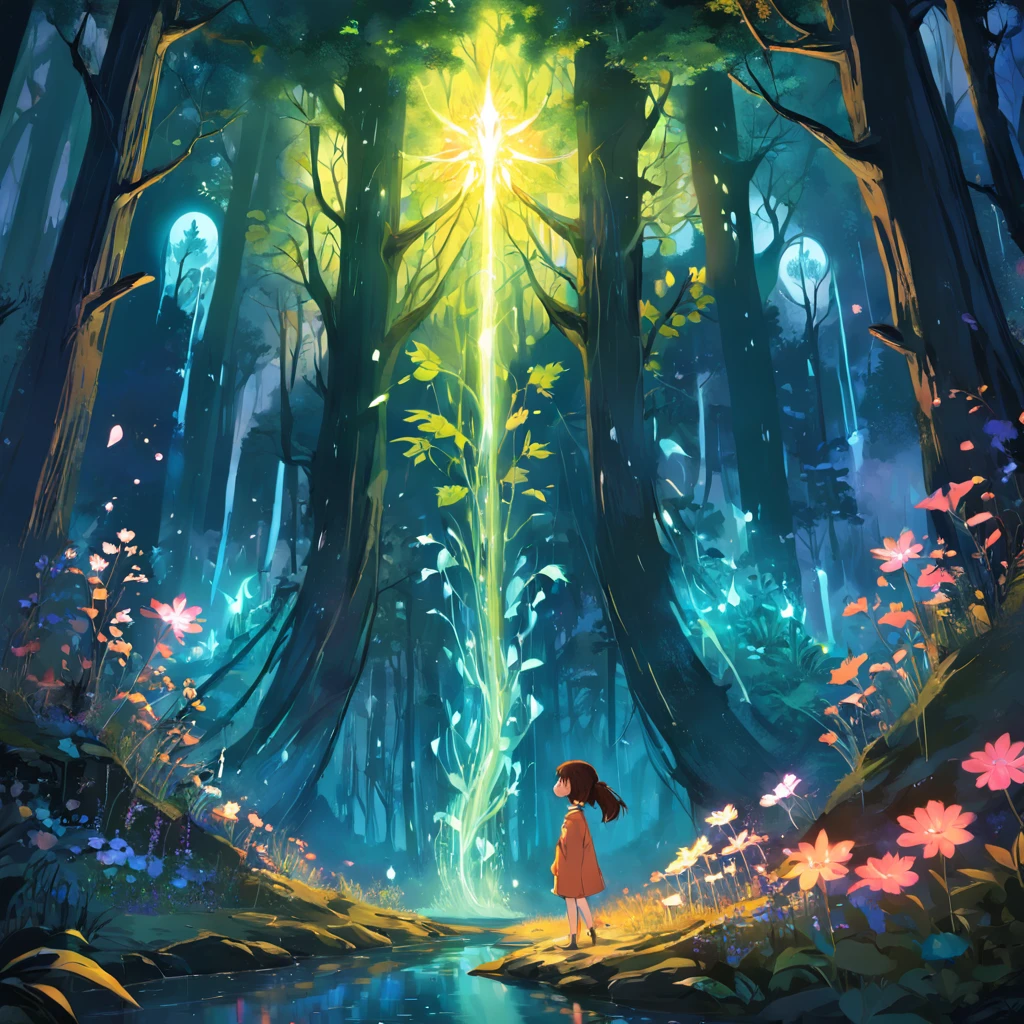 In the middle of a magical forest，A tall and beautiful dream flower grows, Sparks glow around it, mysterious glow,  Children's book illustration style, Simple, Cute, full-color, Works of art by Kahn Griffith and Vadim Kashin - no outline