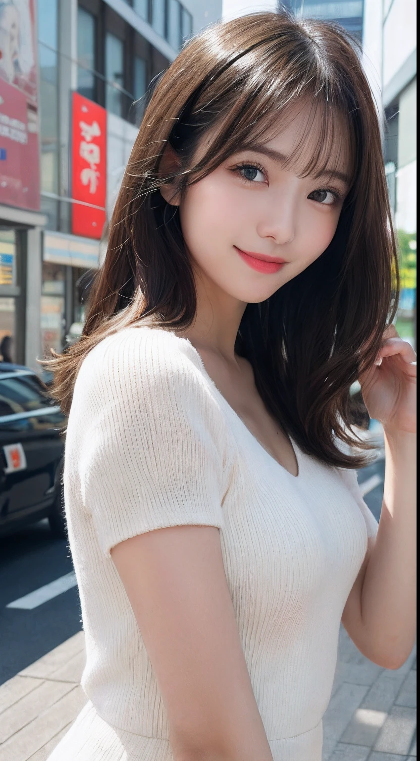 masutepiece, Best Quality, Illustration, Ultra-detailed, finely detail, hight resolution, 8K Wallpaper, Perfect dynamic composition, Beautiful detailed eyes, doress,Medium Hair, mid-chest, Natural Color Lip, Random and sexy poses,Smile,Street Walk、20 years girl、Colossal 、Too much exposure、Knitted tops、hongkong、outdoor, track and field,
