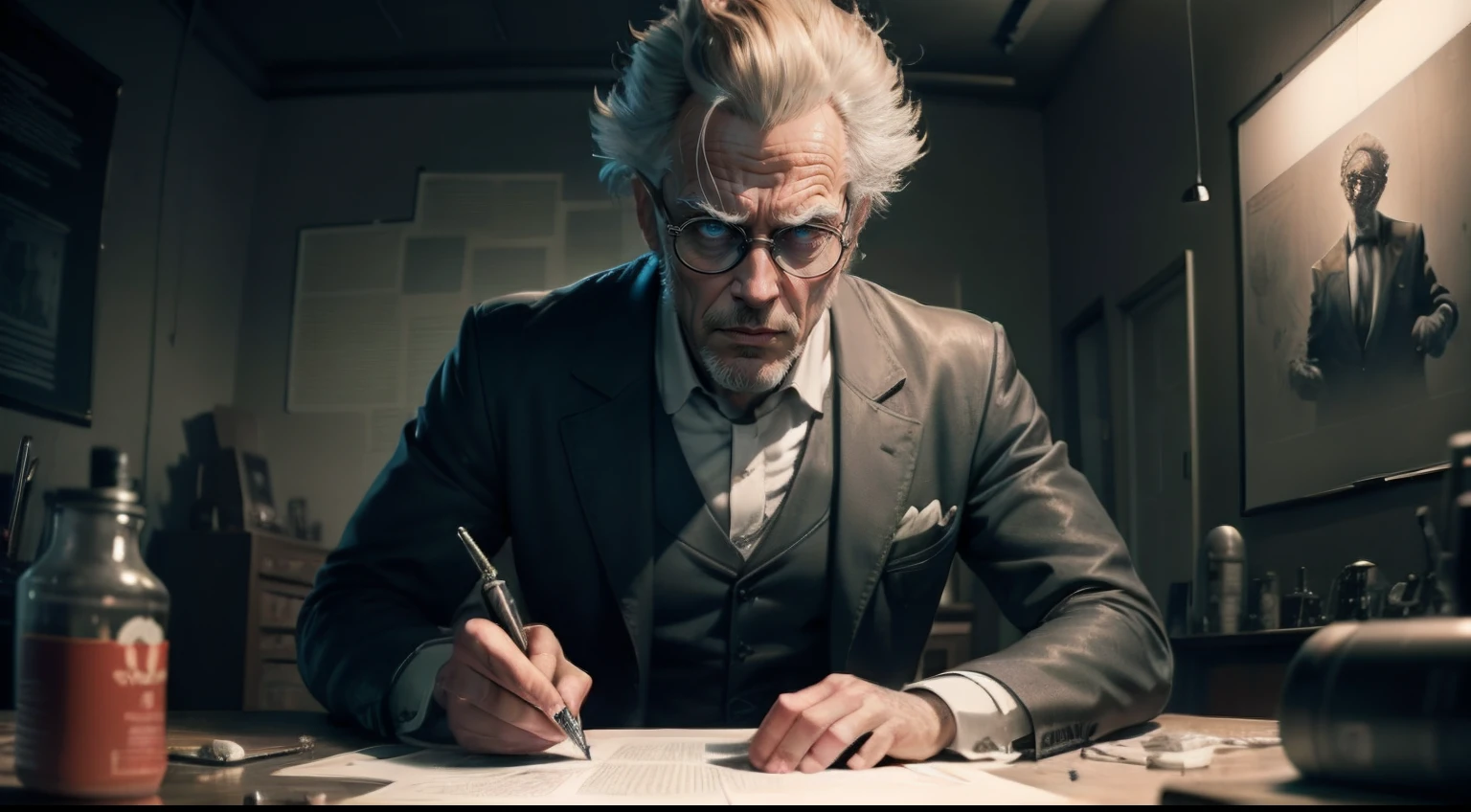 (cinematic style:Mad scientist)Directed by Kahn Griffiths + (OilPaintStyle,Vintage style)High resolution Mad male scientist on the right side of the poster Centering visual key Visual detail depiction Precise line art vivid depiction Complete complex panoramic film scene Signed by Conrad Rosette