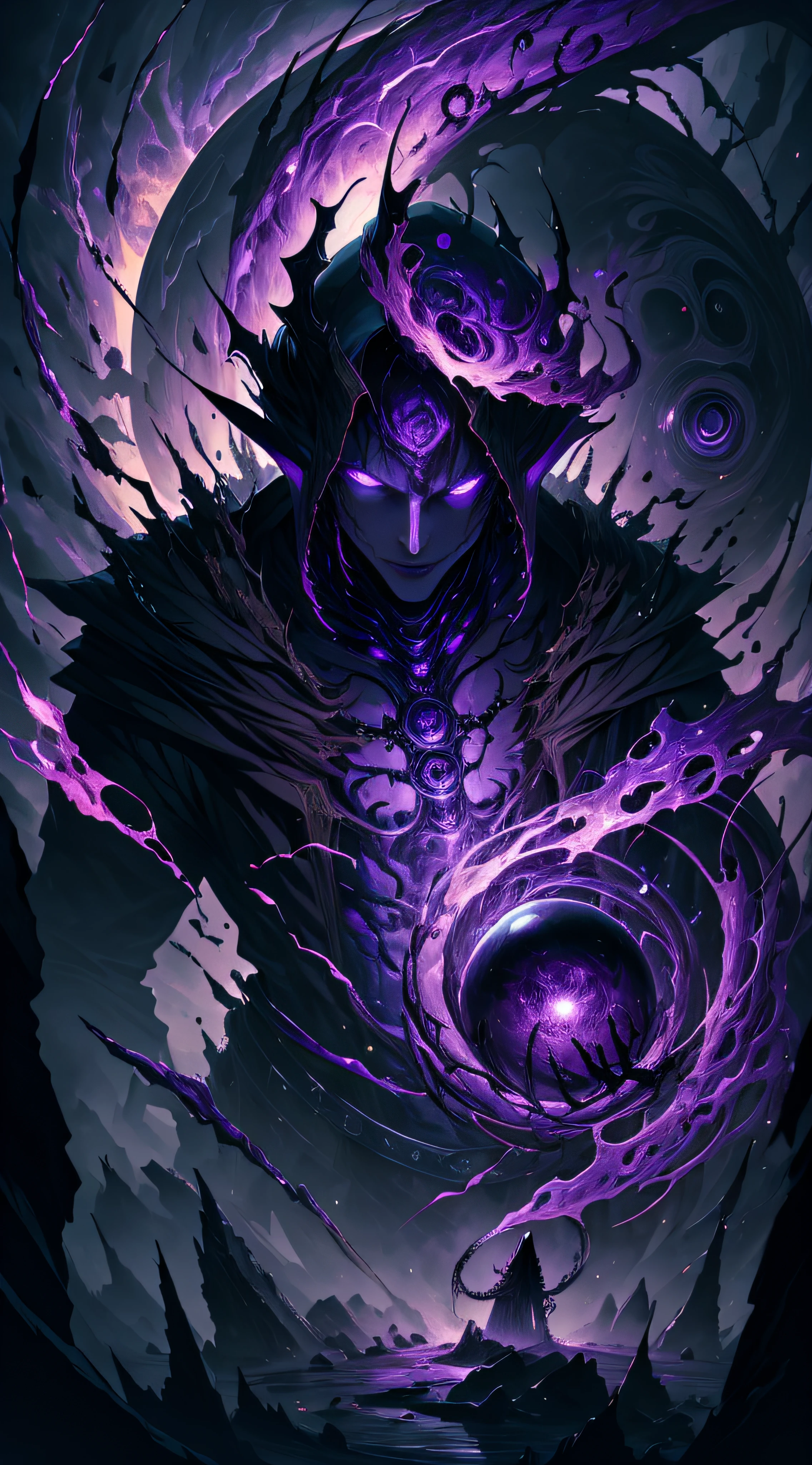 (absurdres, highres, ultra detailed, HDR), masterpiece, best quality, vampire male sitting on demon with a giant eye, in arrogant look, solo, vampire, male, demon eyeball, giant eyeball, disgusting, black demon wing, demon horn, handsome, purple eye, glowing eye, black robe, earring and accessory, bare chest, arrogant face, full body, magic vortex, spark, swirl, black and purple aura, dark purple cloudy sky, abyss, abstract background, from side, look up, evil smile