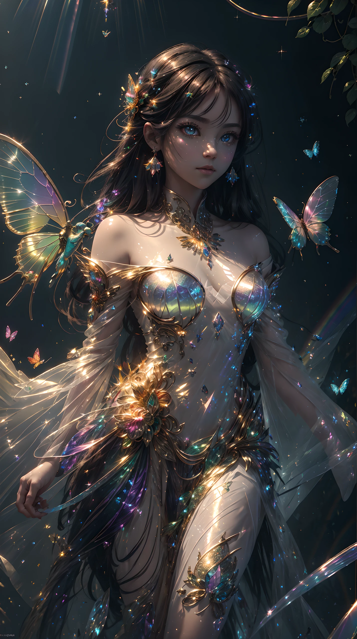 (((masterpiece))), (((best quality))), ((ultra-detailed)),(highly detailed CG illustration), ((an extremely delicate and beautiful)),cinematic light, Create a stunning fantasy artwork that mimics the style of currently trending masters of the genre. The art piece should contain elements of both mythic fantasy and fairytale fantasy with colorful rainbow accents and dark jewel-toned hues. ((Utilize the rainbow as the main color scheme.)) The character in the artwork is a delicate but strong petite figure with an aura of mystery and magic. Pay close attention to intricate facial features, such as mesmerizing eyes with vibrant colors and bold shading. The character's clothing should be designed with gossamer feathers, silk, stunning embroidery, and subtle iridescent details. Incorporate (((translucent iridescent rainbows))), dreamy colors, dynamic lighting, and detailed background elements to create a sense of awe and immersion. ((Include colorful flying magical birds and jewel-toned rainbow butterflies radiating a magical aura.)) Consider the latest trends in fantasy art, such as incorporating unique lighting effects, exploring dynamic and compelling composition techniques, and experimenting with unique color palettes. Take inspiration from the top artists on ArtStation and Midjourney. Camera: Choose an angle that highlights the character's beauty and enhances the magical majesty of the artwork. Lighting: Utilize atmospheric lighting techniques to create depth and mood. Resolution: Aim for a high-resolution artwork to showcase intricate details and clarity. Art Inspirations: Seek inspiration from the trending artists on ArtStation, exploring different styles, genres, and themes.