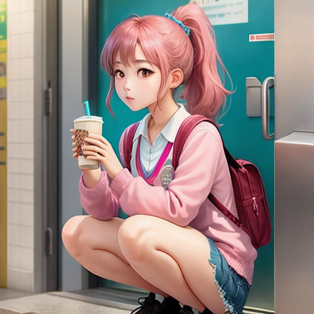 Girl High ponytail pink JK facing the subway door squatting with milk tea in her hand pink school bag