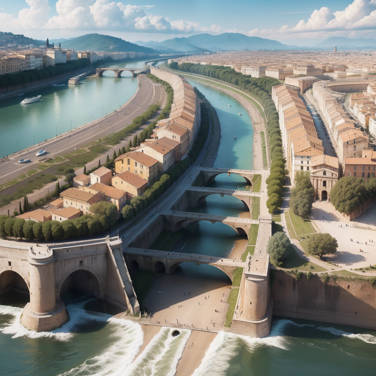 "Generate visual representations of riverine defenses along the Tiber River, showing how the turbulent waters of the river played a key role as a natural barrier to protect Rome from invasions. Illustrate the defensive structures built along the banks of the Tiber, como muralhas, torres de vigia, or any other elements that reinforce the security of the city. Explore how these defenses contributed to the protection of Rome throughout its history. Essa imagem e de epoca mediavel, At the beginning of the foundation of Rome. Imagem 8k ultra realista