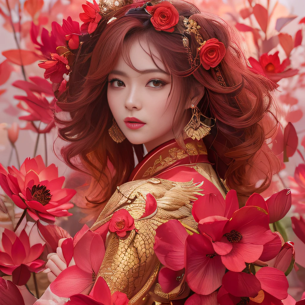 32K(tmasterpiece,k hd,hyper HD,32K)Flowy large curly hair,Flowing rouge,ponds,zydink, a color, Asian people (Silly girl), (Silk scarf), Combat posture, looking at the ground, Large rolls of rouge, Flowing rouge curls, Crocodile skin skull headdress, Chinese long-sleeved clothing, (abstract ink splash:1.2), Pink lotus background,Water lily flower protector(realisticlying:1.4),Rouge hair,Autumn is in full swing,The background is pure, A high resolution, the detail, RAW photogr, Sharp Re, Nikon D850 Film Stock Photo by Jefferies Lee 4 Kodak Portra 400 Camera F1.6 shots, Rich colors, ultra-realistic vivid textures, Dramatic lighting, Unreal Engine Art Station Trend, cinestir 800,Large curls,Flowing rouge