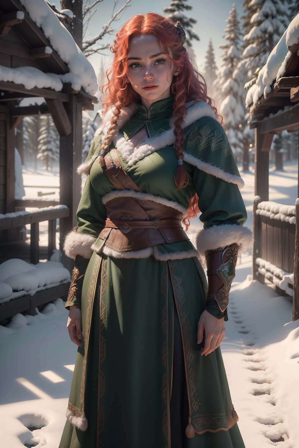 (full body shot:1.1), bokeh:1.2, solo, (Merida),(detailed (green:1.1) viking outfit:1.2), viking clothing, (25 year old (scandinavian female)), long red curly hair, blue eyes, beautiful face, outdoors, snow, fur, viking village, perfect illumination, beautiful detailed eyes, stunningly beautiful woman, detailed hairstyle, realistic_detailed_skin_texture, good hands, (8k, RAW photo, best quality, masterpiece:1.2), (realistic, photo-realistic:1.37), ultra high res, photon mapping, radiosity, physically-based rendering, (ambient light:1.3), (cinematic composition:1.3),professional soft lighting, light on face,