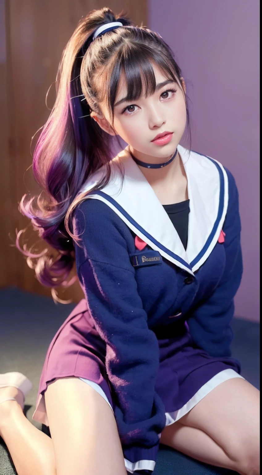 1girl in、beautiful vintage color、Instagram（Photorealsitic、hight resolution：1.4）、((20yr old、a sailor suit、Puffy eyes、student clothes、校服、pleatedskirt))、Staring at the viewer、、full body Esbian（8K、Raw photography、top-quality、​masterpiece：1.2）、（realisitic、Photorealsitic） :1.37)、(foco nítido:1.2)、Professional Writing、photon maping、Radio City、Physically Based Rendering、(de pele branca:1.2)、(Huge under the clothes of a sailor:1.2)、Viewer's Perspective、(Middle hair:1.5)、portlate、Purple Eye、(silber hair:1.1、Purple iromesh hair)、bangss、(symple background:1.4)、独奏、realisitic、(​masterpiece:1.4)、(top-quality:1.4)、(glowy skin)、makeups、A smile(skinny、Mouth closure、full of shyness:1.3)、sexypose、spreading legs、Kneeling Pose