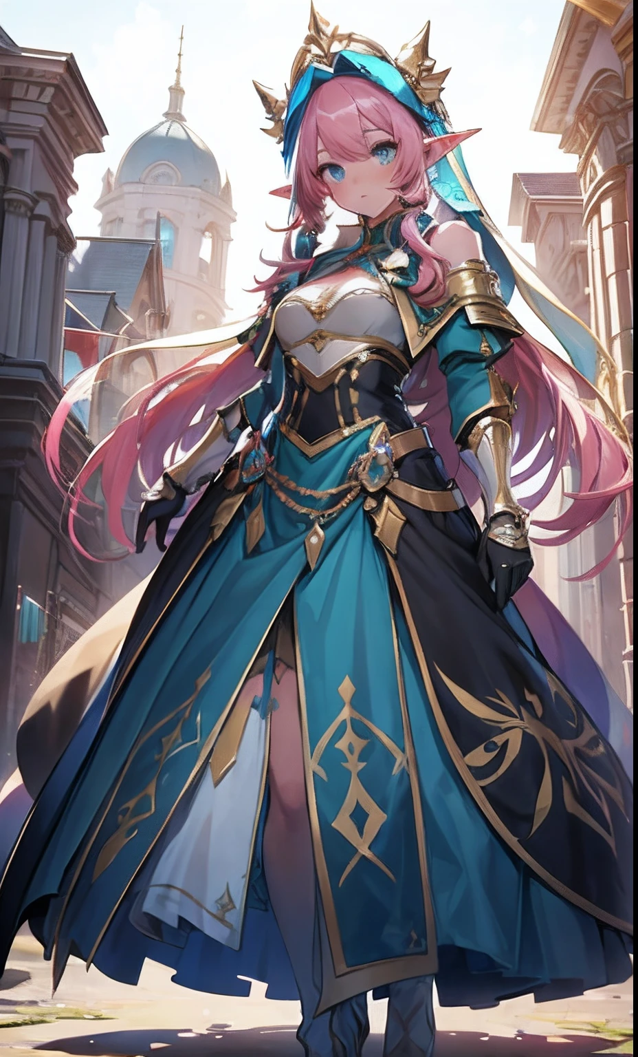best qualityer，tmasterpiece，Ultimate resolution，downy，Extremely colorful，Colorful，western regions，elf girl, Dancer，pink hairbl，blue eyes, dress costumes，flowers in hair, veils，Normal posture, full body