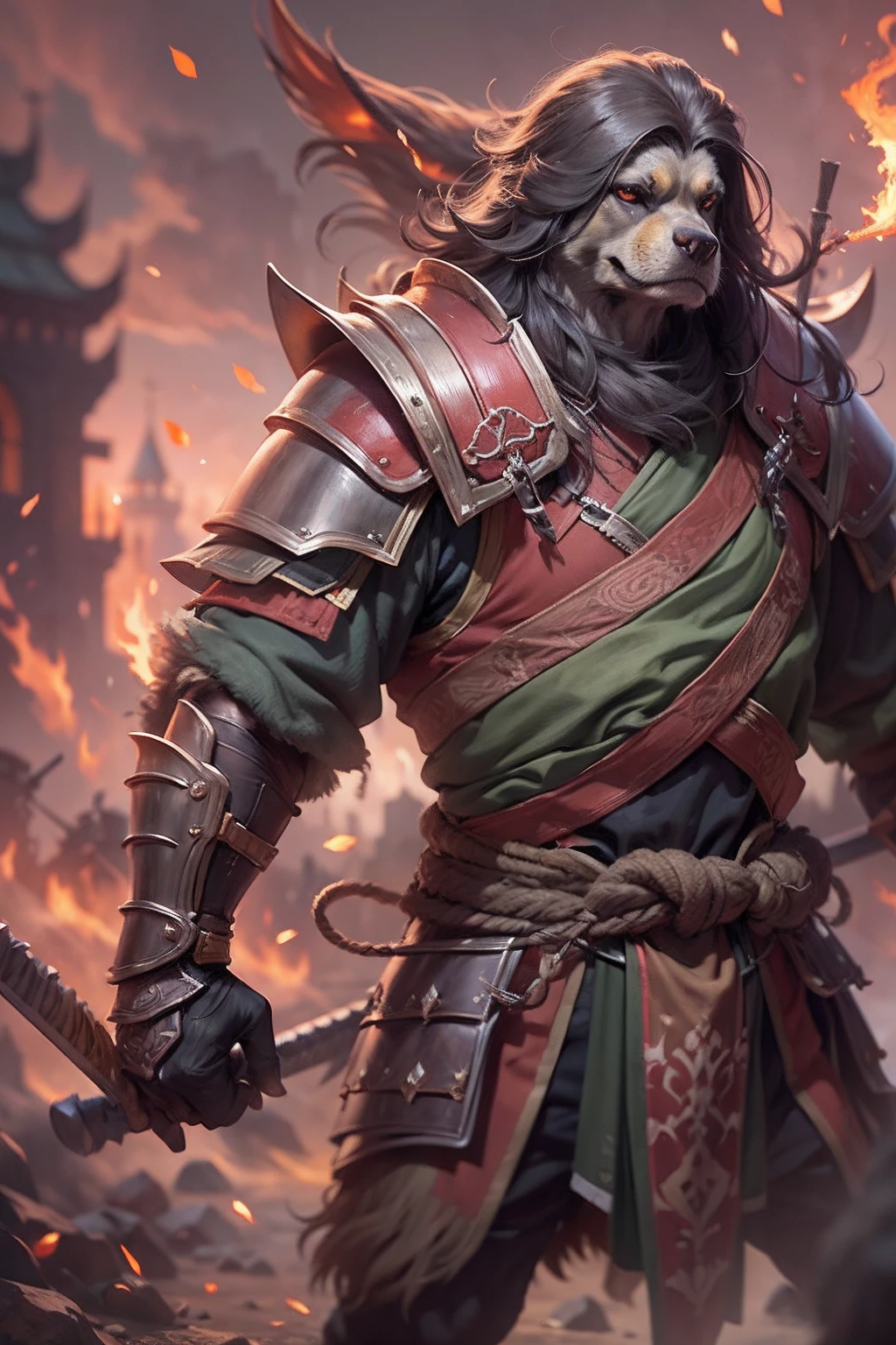 (anthropomorphic turtle),(Hound warrior:1.4),coda,a tall body,Stout limbs,disdain,ran,tosen,The long hairs of the flame fluttered in the wind,combats,Dynamic lines,Dimly lit battlefield,Ruined castle,(stereoscopic perspective:1.4),Works of masters,super-fine,4K分辨率,high qulity,电影灯光,High picture detail,Detailed pubic hair,Epic shooting,Clearly focused hair,Detailed hair depiction,acurate