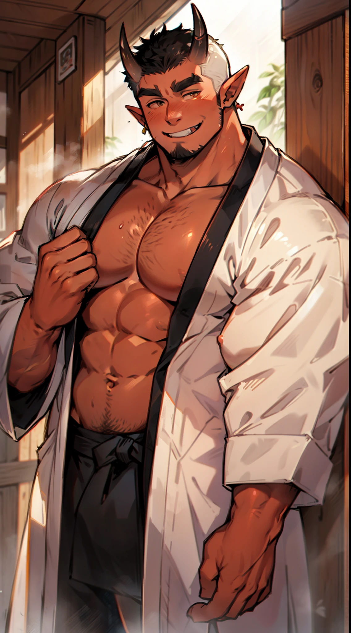 Highest quality、Midsummer evening、Shaved head、Sports haircut、Two macho men in yukatas kissing on the veranda、Embarrassed face、Pectoralis major、Abdominal muscles、Brown skin