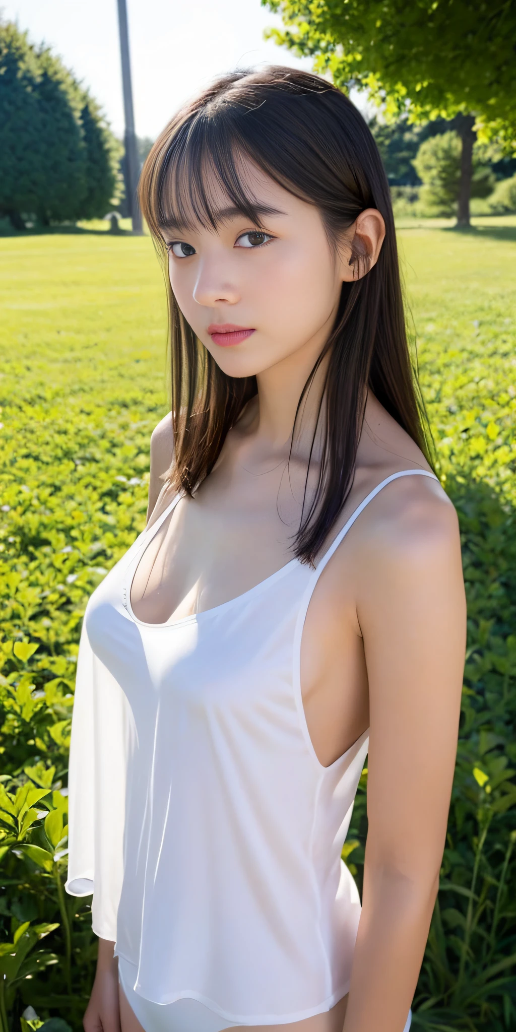 unclear、petite person、(Large, loose white silk camisole、white panties)、Outside the field、(Slimed、small tit、flat boobs、small boobs)、Photorealsitic、detaileds, Skin texture, ultra-detailliert、Delicate and sexy collarbone、Super detailed face、detailed lips、A detailed eye、二重まぶた、10years old girl、all-fours、From above、nipples are slightly visible