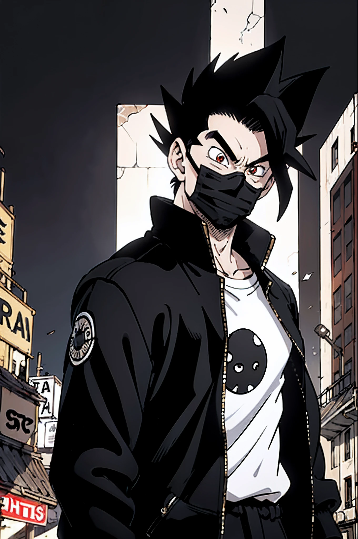 "(((masterpiece)))), best quality, ultra-detailed model, 8k CG unity photo, flawless lighting, quality shadows, a Dragon Ball boy, pushed back haircut , muscle , wearing a black jacket over a white t-shirt , black ClothMask , red eyes , in the night background , black gloves , black mask in his mouth , BLACK JACKET , over the jacket a WHITE SHIRT , BLACK HAIR , in the destroyed city background