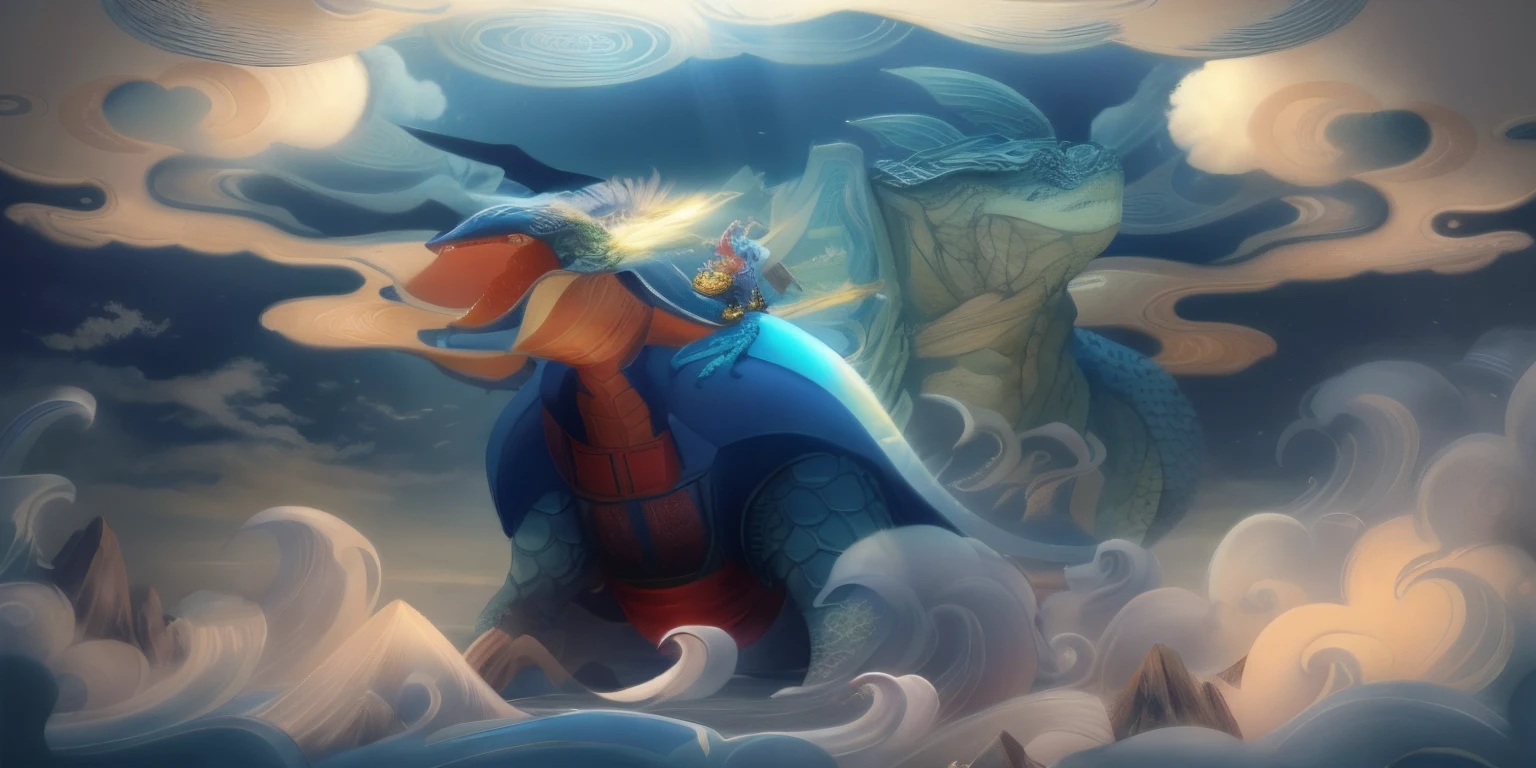 In Vickers style, The graphics in the poster design are in marine colors, Chinese dragon turtle in ink painting, the turtle dragon combination, as the water god, living in Beihai, controlling thunderstorms on the sea, an ancient Chinese god, turtle, drak, Mare, stony, Auspicious clouds, wide wide shot, depth of fields, God Ray, style of anime, projected inset, wide shot, depth of field, god rays, Romanticism, super detail, high quality, masterpiece