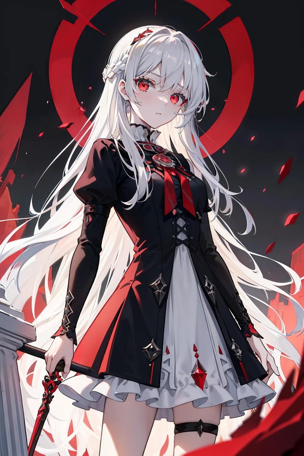 Ark of Tomorrow,Girl in a black dress of an English aristocracy,On the chest is a red checkered ribbon,She held a long one, Delicate wands in black and red,Gray hair and red eyes,Noble temperament,Stand where it snows,There are no buildings around,Best quality,Exquisite,Super fine illustration,Ethereal,mistic