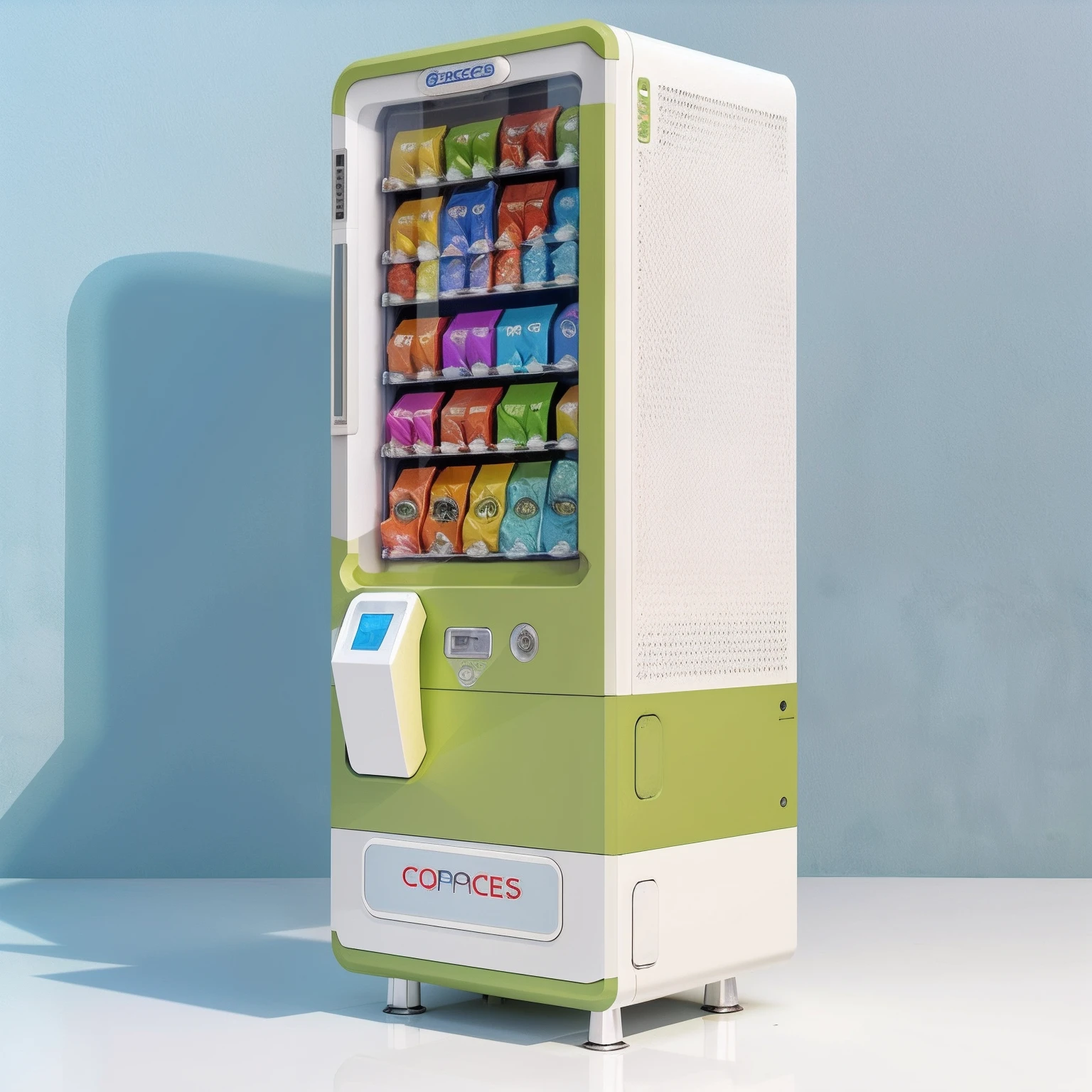 Close-up of a compressed towel on display,For example,Star support material assembly,vending machines,sci-fi vending machine,3D product render,Some are more specific, Descriptive scenarios may appear on the computer,por exemplo, Someone went to the vending machine and bought a compressed towel,etc,Or describe the scene where something is purchased,Stylistic references attract attention,applied,Represents fashionability,Elements with a strong visual sense,There are reasonable ones on the fuselage, A contextual description of the style element, etc,The overall color is mainly white and light yellow,Color distribution is 50 each%,Wish there were more elements,The elements are more diverse,Fewer colors,There are no portraits on the machine,or role,The color is lighter,There are slightly more elements in the adult category,The design is a little stronger,Two-dimensional points
