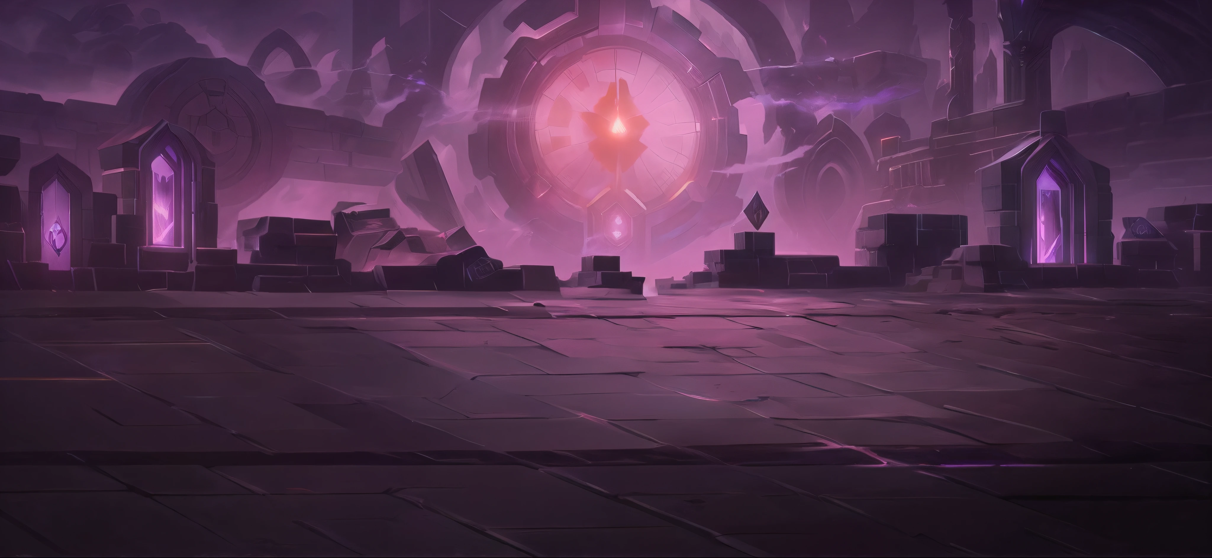Purple and black digital painting,A city with a clock, 8k hd wallpaperjpeg artifact, 8k hd wallpaperjpeg artifact, arena background, odin's stone arena background, stunning arcanum backdrop, Riot game concept art, heartstone original art style, League of Legends concept art, symmetric concept art, purple fire around magic arena