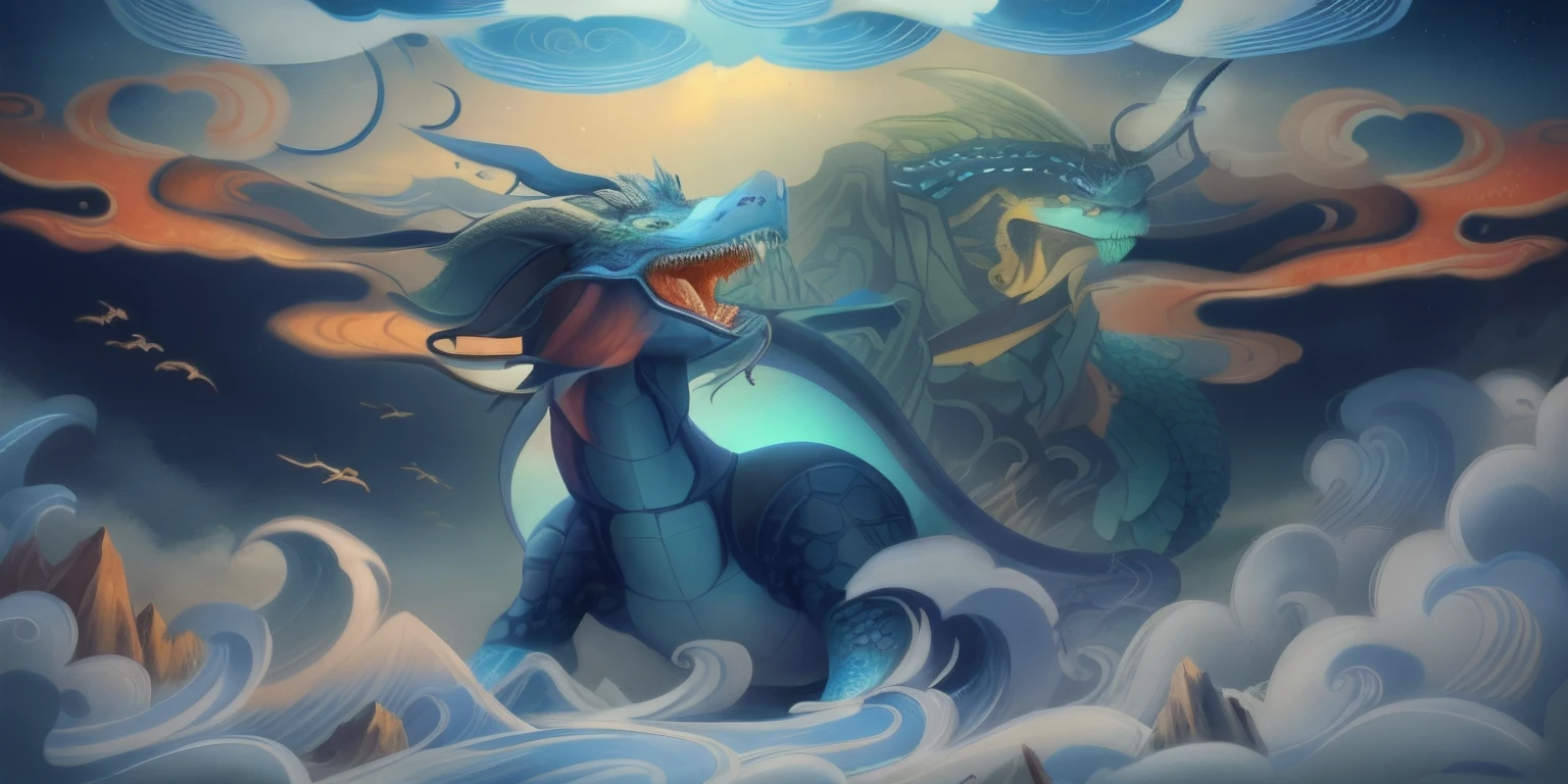 In Vickers style,The graphics in the poster design are in marine colors,Chinese dragon turtle in ink painting,Turtle and dragon combination,As a water god,Lives in the North Sea,Control thunderstorms at sea,Ancient Chinese turtles,drak,Mare,stony,Auspicious clouds,wide wide shot,depth of fields,God Ray,style of anime