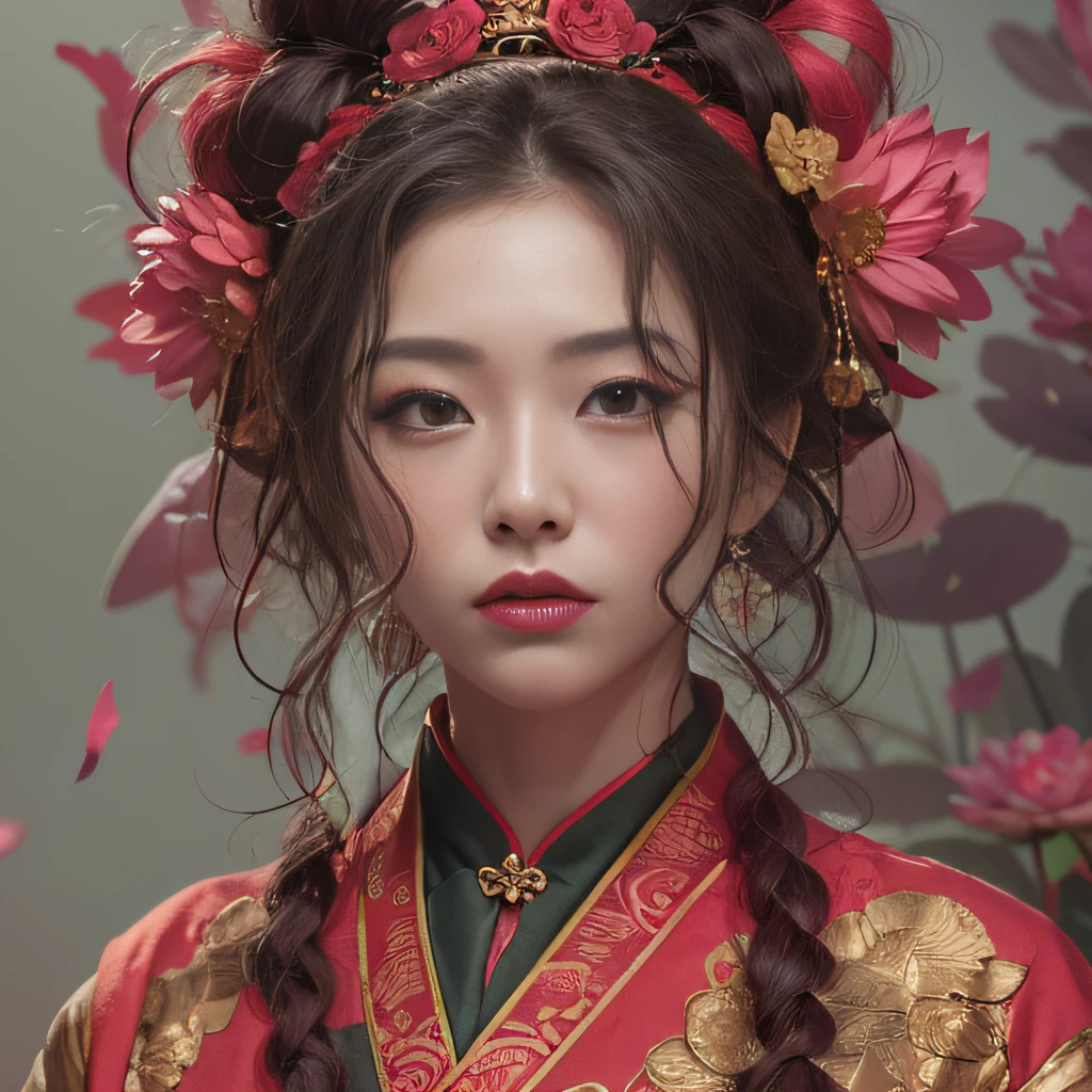 32K（tmasterpiece，k hd，hyper HD，32K）Flowy large curly hair，Flowing rouge，ponds，zydink， a color，  Asian people （Silly girl）， （Silk scarf）， Combat posture， looking at the ground， Large rolls of rouge， Flowing rouge curls， Crocodile skin skull headdress， Chinese long-sleeved clothing， （abstract ink splash：1.2）， Pink lotus background，Water lily flower protector（realisticlying：1.4），Rouge hair，Autumn is in full swing，The background is pure， A high resolution， the detail， RAW photogr， Sharp Re， Nikon D850 Film Stock Photo by Jefferies Lee 4 Kodak Portra 400 Camera F1.6 shots, Rich colors, ultra-realistic vivid textures, Dramatic lighting, Unreal Engine Art Station Trend, cinestir 800，Large curls，Flowing rouge