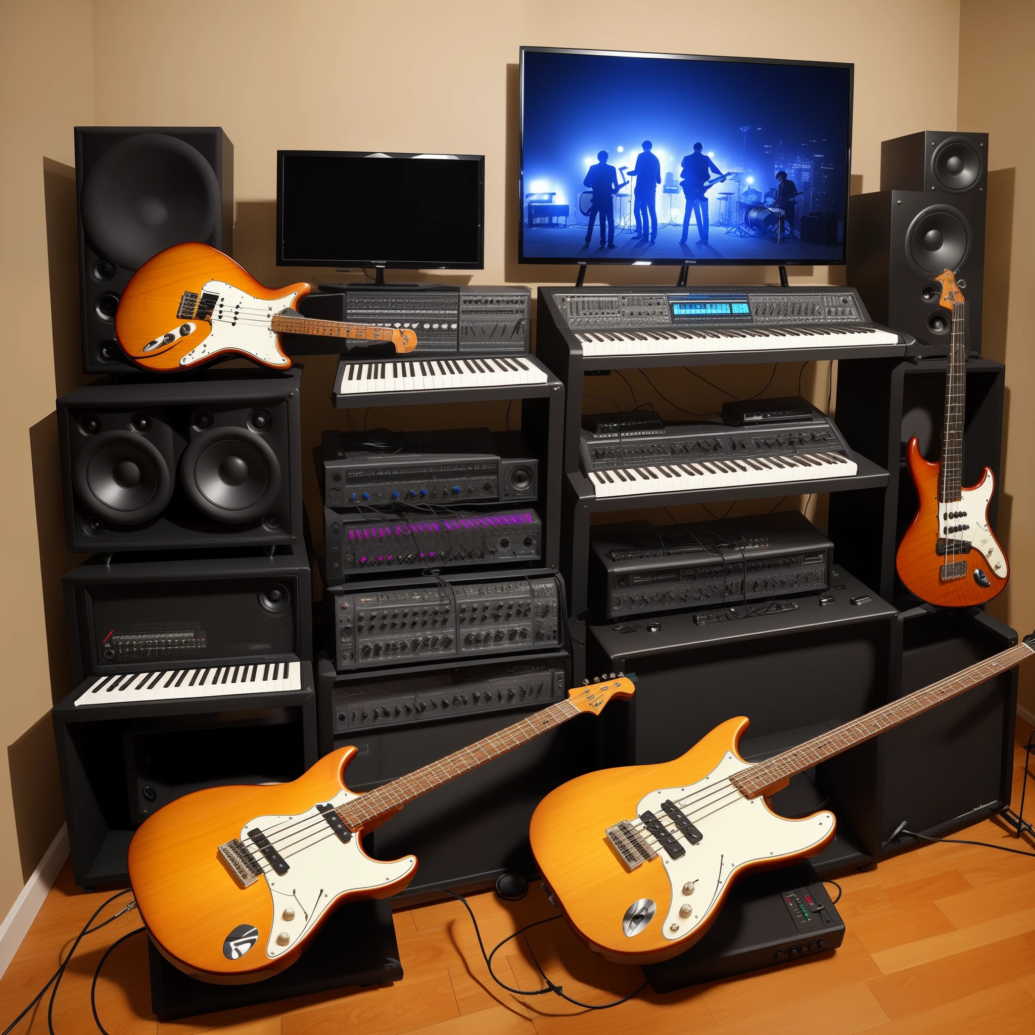 Home studio with 2 electric guitars and one bass and one electric drums and speakers with led light --auto