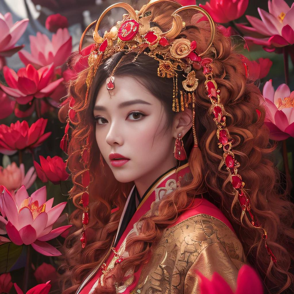 32K（tmasterpiece，k hd，hyper HD，32K）Flowy large curly hair，Flowing rouge，ponds，zydink， a color，  Asian people （Silly girl）， （Silk scarf）， Combat posture， looking at the ground， Large rolls of rouge， Flowing rouge curls， Crocodile skin skull headdress， Chinese long-sleeved clothing， （abstract ink splash：1.2）， Pink lotus background，Water lily flower protector（realisticlying：1.4），Rouge hair，Autumn is in full swing，The background is pure， A high resolution， the detail， RAW photogr， Sharp Re， Nikon D850 Film Stock Photo by Jefferies Lee 4 Kodak Portra 400 Camera F1.6 shots, Rich colors, ultra-realistic vivid textures, Dramatic lighting, Unreal Engine Art Station Trend, cinestir 800，Large curls，Flowing rouge