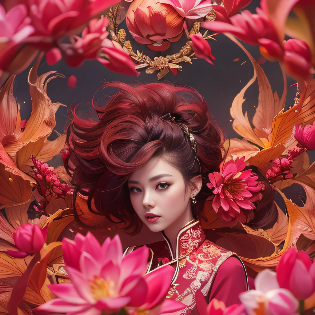 32K（tmasterpiece，k hd，hyper HD，32K）Flowy large curly hair，Flowing rouge，ponds，zydink， a color，  Asian people （Silly girl）， （Silk scarf）， Combat posture， looking at the ground， Large rolls of rouge， Flowing rouge curls， Crocodile skin skull headdress， Chinese long-sleeved clothing， （abstract ink splash：1.2）， Pink lotus background，Water lily flower protector（realisticlying：1.4），Rouge hair，Autumn is in full swing，The background is pure， A high resolution， the detail， RAW photogr， Sharp Re， Nikon D850 Film Stock Photo by Jefferies Lee 4 Kodak Portra 400 Camera F1.6 shots, Rich colors, ultra-realistic vivid textures, Dramatic lighting, Unreal Engine Art Station Trend, cinestir 800，Large curls，Flowing rouge