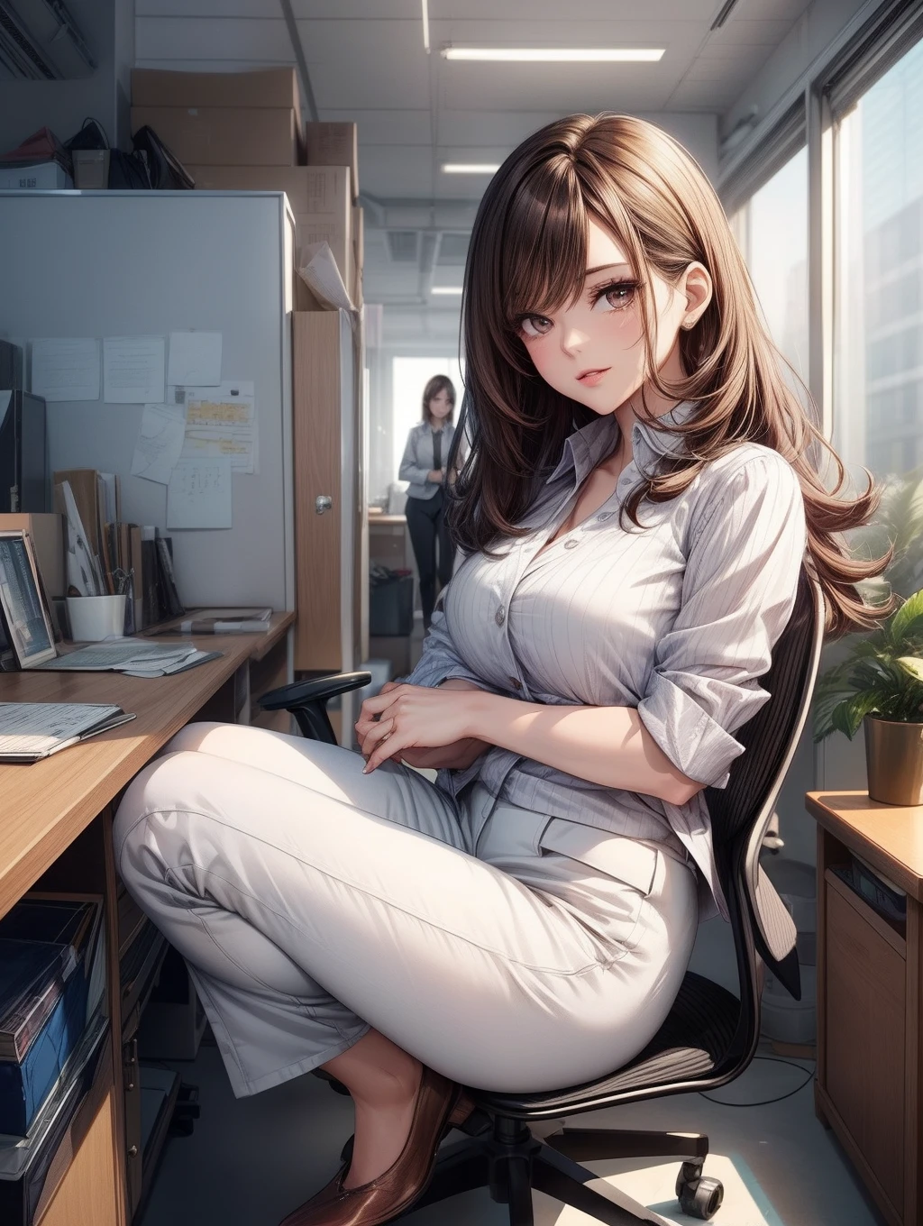 Best Quality, masutepiece, beautiful mature women、Beautiful face、Strong-minded woman、Office Suits、White trousers、brown haired、Brown-eyed、Longhaire、Undersized eyes、Full body like、s Office