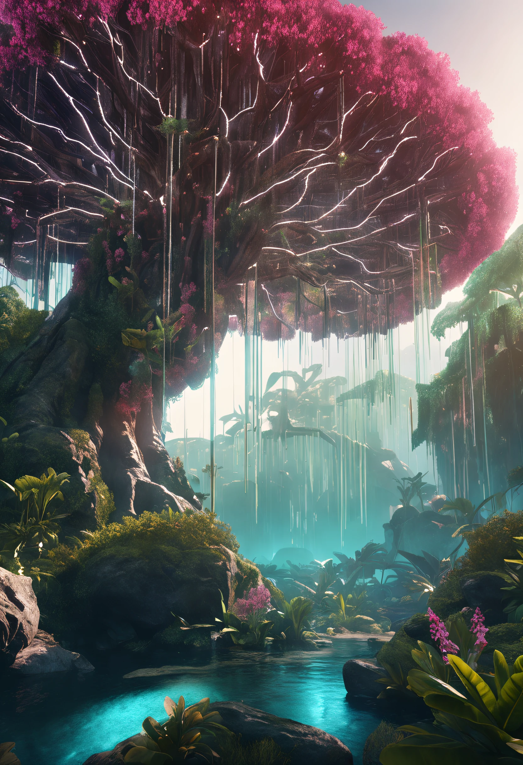 The entire body of a giant crystal tree、Very detailed and magical lighting、Detalhes da floresta complexa、Vegetation and rivers、solarpunk、Paisagens、massive trees、Beautiful lush with beautiful lighting and realistic proportions、It's like a movie background、8k、qualidade superior、obra prima、nuvem、Stars in the sky、brilho da noite、suns