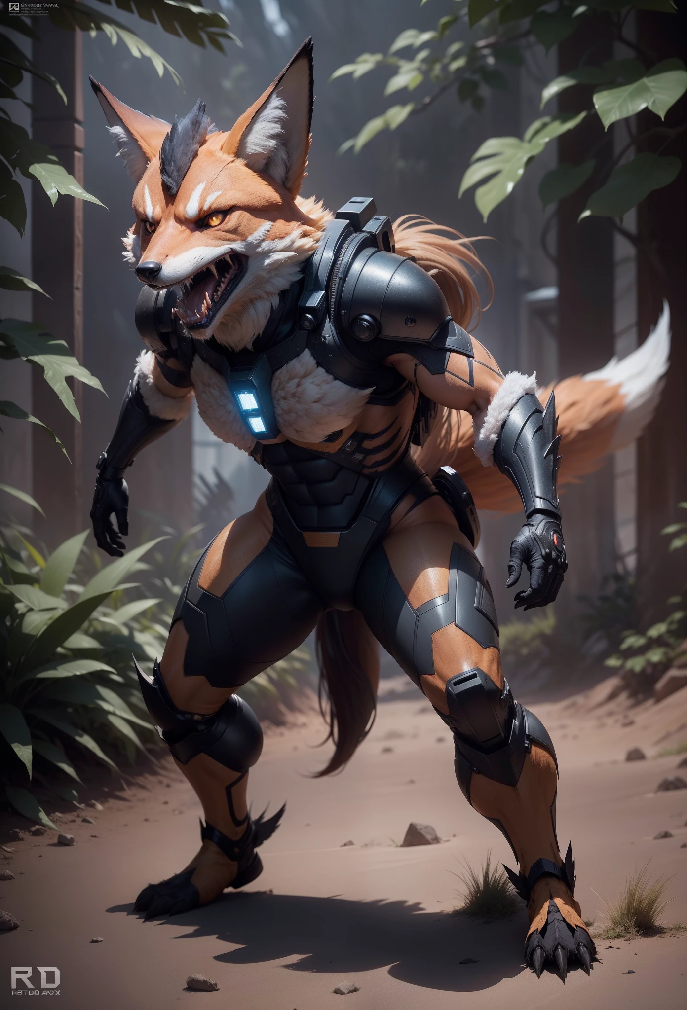 Sci fi humanoid creature with the feathers of a fox and mutant traits similar to rocket wearing sci fi armor teeth serious angry face, expressive real photography, natural light, photorealism, cinematic rendering, ray tracing, the highest quality, the highest detail, Cinematic, Third-Person View, Long Exposure, 8K, Ultra-HD, Natural Lighting, Moody Lighting, Cinematic Lighting