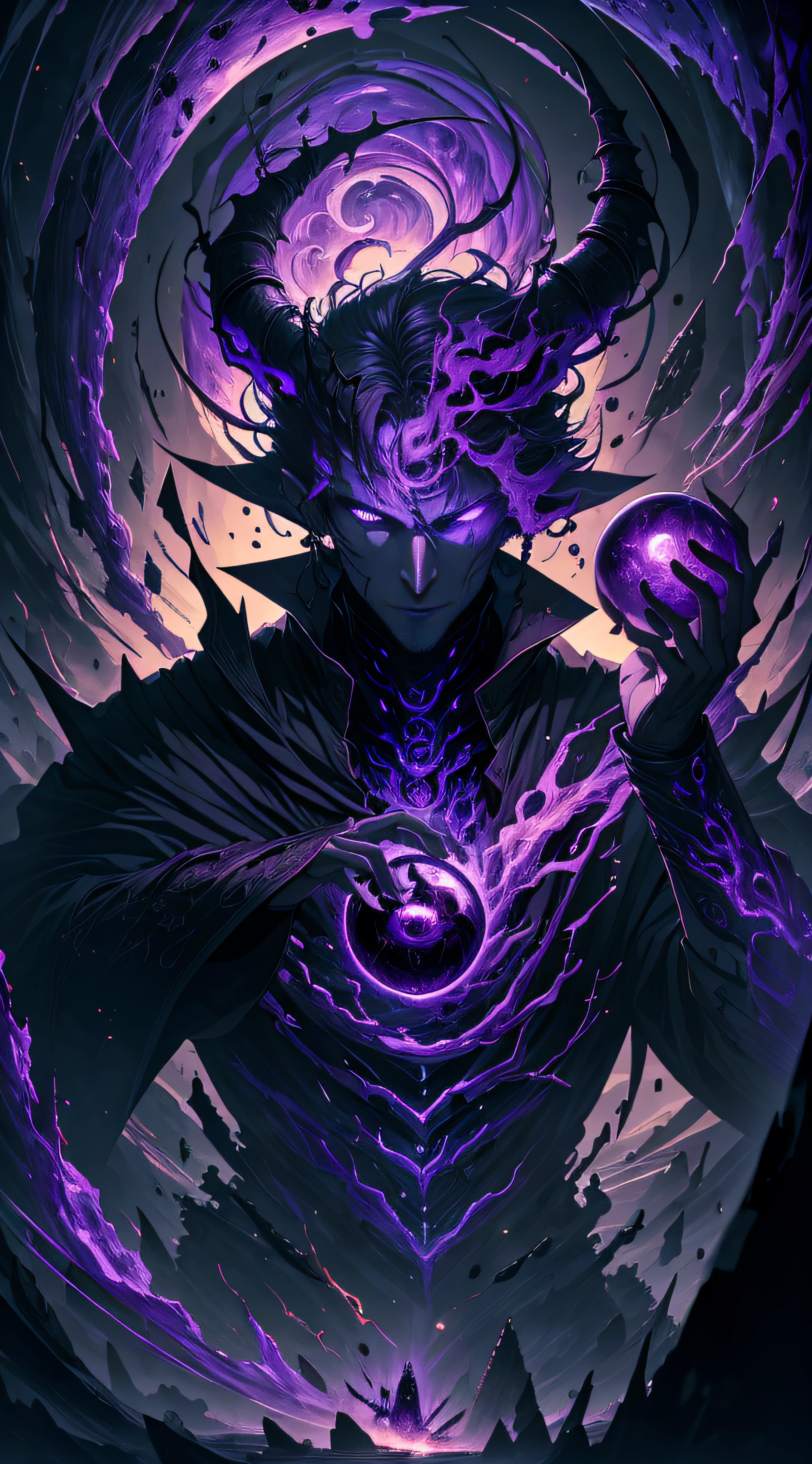 (absurdres, highres, ultra detailed, HDR), masterpiece, best quality, vampire male sitting on demon with a giant eye, in arrogant look, solo, vampire, male, demon eyeball, giant eyeball, disgusting, black demon wing, demon horn, handsome, purple eye, glowing eye, black robe, earring and accessory, bare chest, arrogant face, full body, magic vortex, spark, swirl, black and purple aura, dark purple cloudy sky, abyss, abstract background, from side, look up, evil smile
