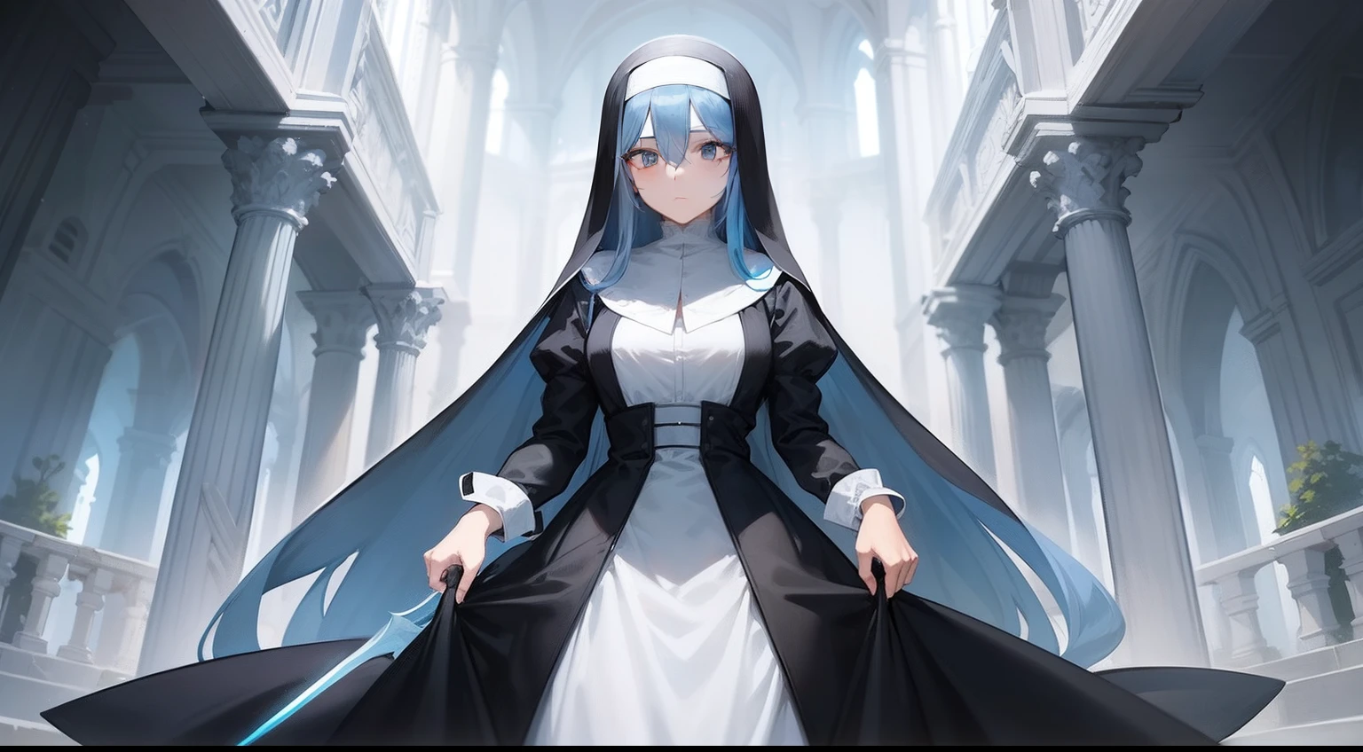 1girl, proper clothing, nun, elegant, lady, mature, tall woman, (Topaz long blue hair: 1.2), ruins, detailed face, cute face, detailed hair, holy blade