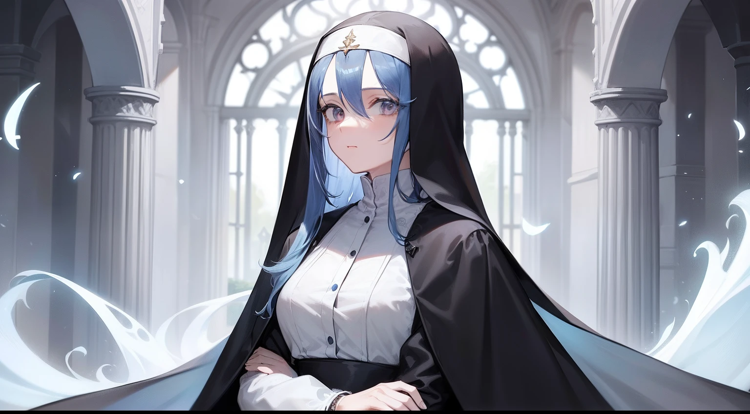 1girl, proper clothing, nun, elegant, lady, mature, tall woman, (Topaz long blue hair: 1.2), ruins, detailed face, cute face, detailed hair, holy blade