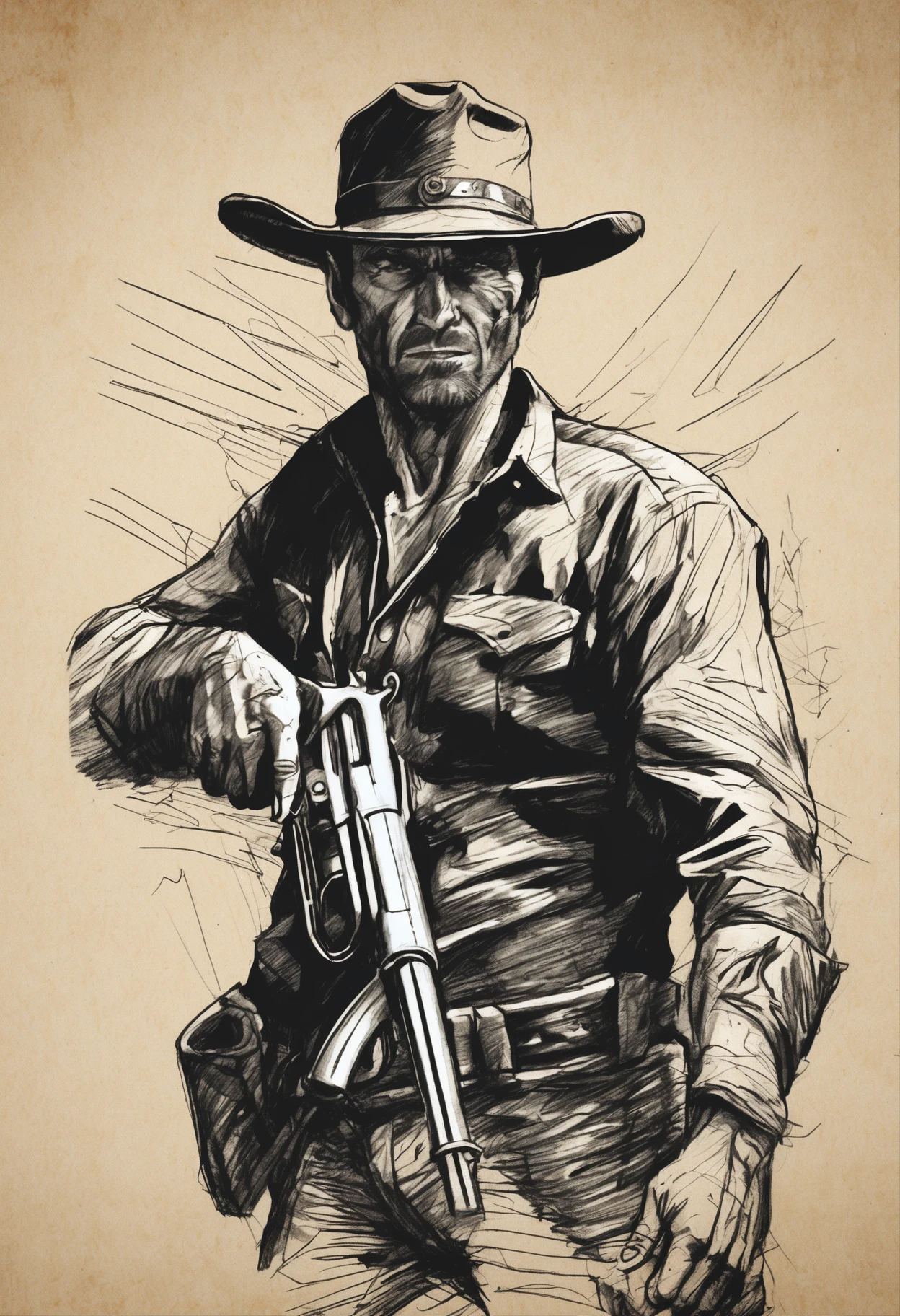 A cowboy  (Clint East Wood) with gun in hand, ((angry 1.4)), raiding a running horse, Screaming, action, dark side, Mystery , Dark Background, Rough charcoal sketch on old paper, muscular Male figure,dynamic pose,clean line art,+expressive line,in the style of expressive sketch drawing, hatching, black and white sketch, hand drawing, Rough charcoal sketch on old paper, muscular Male figure,dynamic pose,clean line art,+expressive line,in the style of expressive sketch drawing, hatching, black and white sketch, hand drawing, sketching, linear style::Sketchnote Stylesketching, linear style::Sketchnote Style