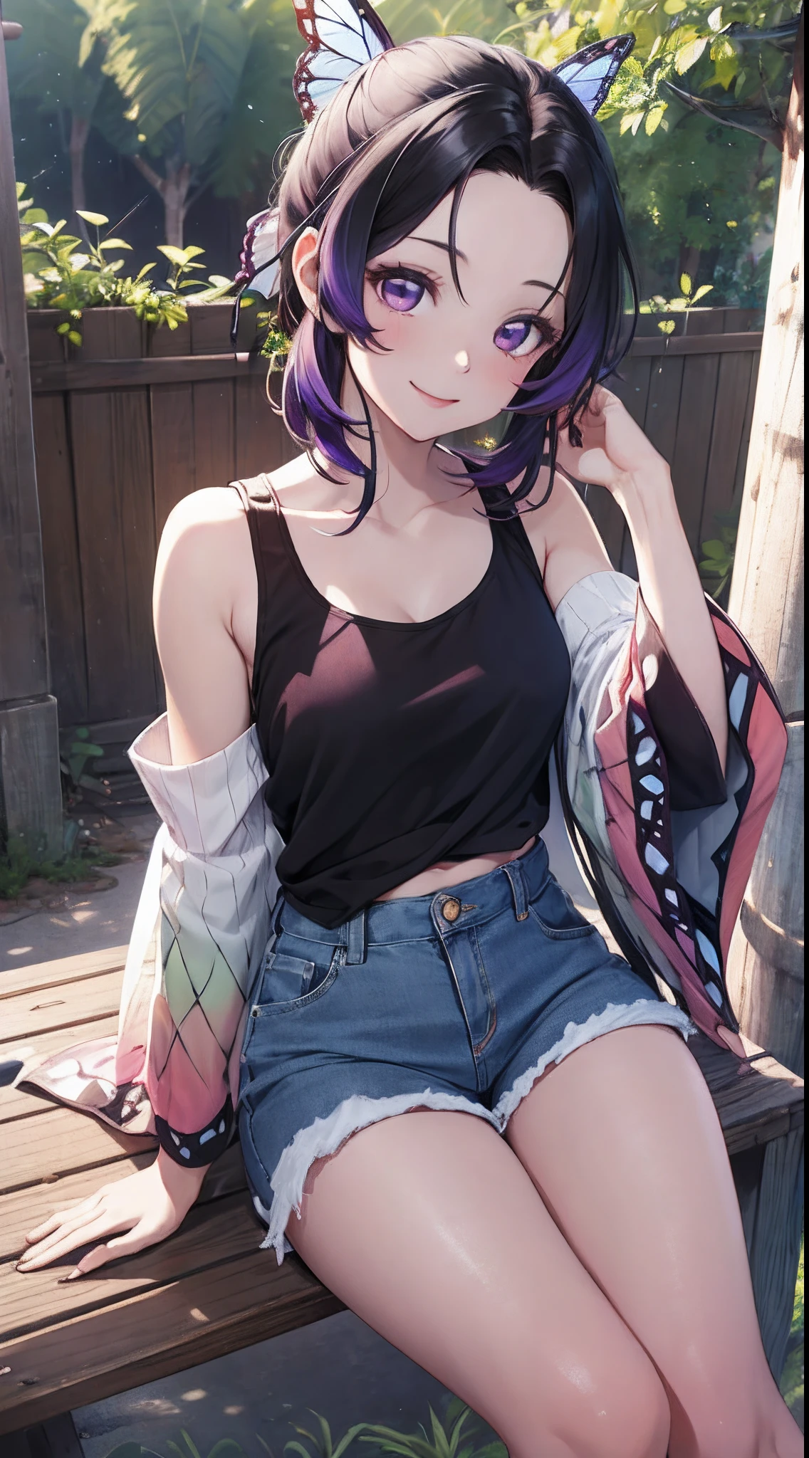 masterpiece, best quality, highres, 1girl, solo, kochou shinobu, butterfly hair ornament, purple eyes, multicolored hair, short hair, parted bangs, haori, wide sleeves, tank top, jeans,denim shorts sitting, bench, outdoors, smile,