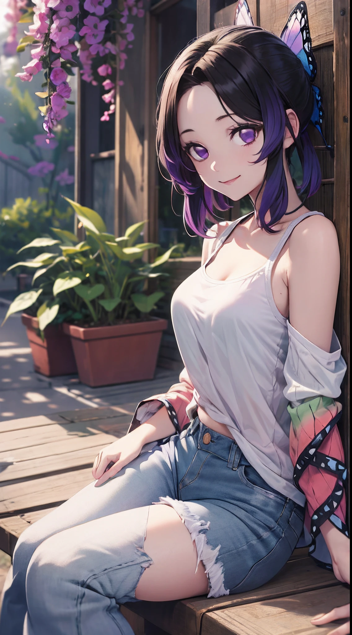 masterpiece, best quality, highres, 1girl, solo, kochou shinobu, butterfly hair ornament, purple eyes, multicolored hair, short hair, parted bangs, haori, wide sleeves, tank top, jeans,denim shorts sitting, bench, outdoors, smile,