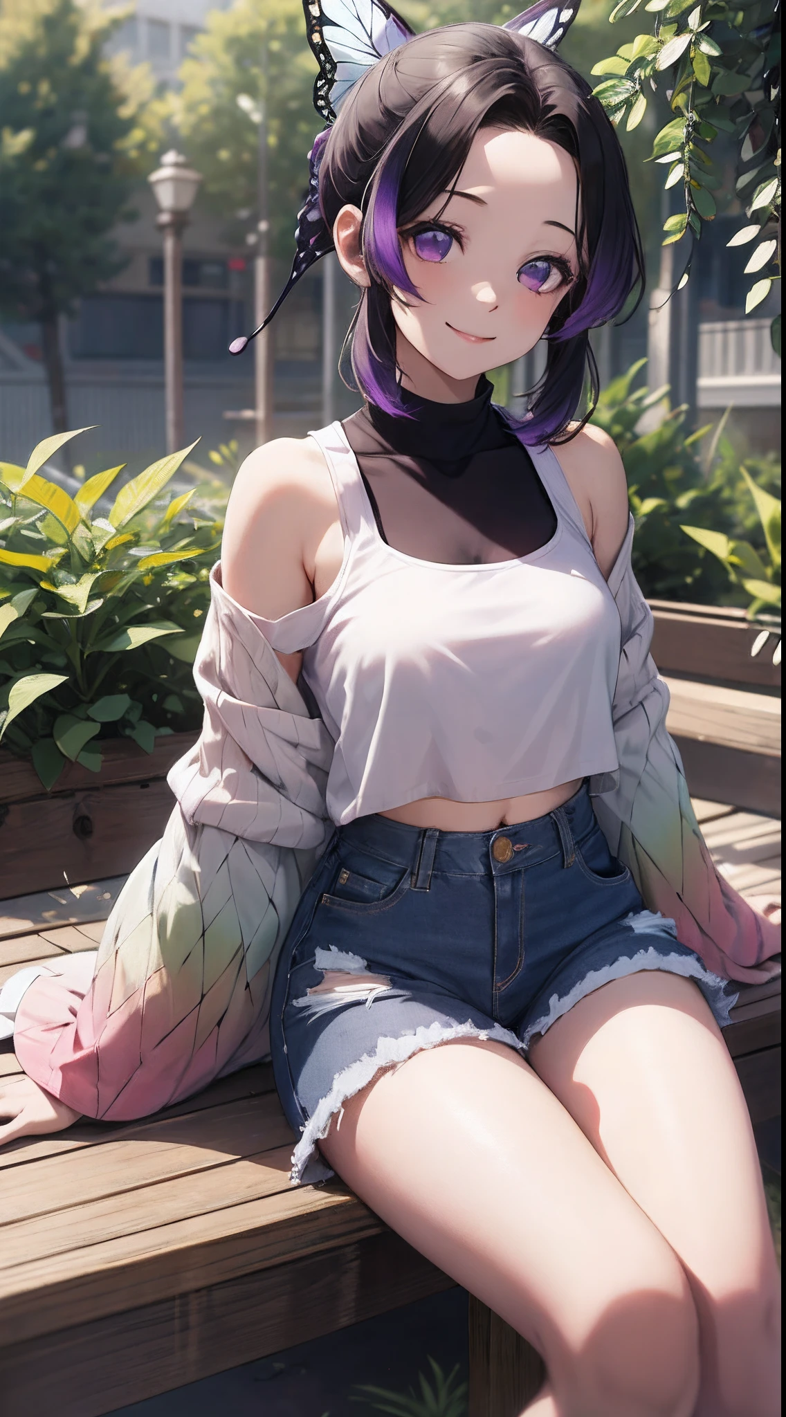 Masterpiece, Best Quality, hight resolution, 1girl, 独奏, Kochou Shinobu, Decorate your hair with a butterfly, violet eyes, multi-colored hair, Short hair, Parted bangs, Short shorts, spreading legs, crop-top, turtleneck top, bellybutton, sitting, bench, exteriors, Smile, Erotica