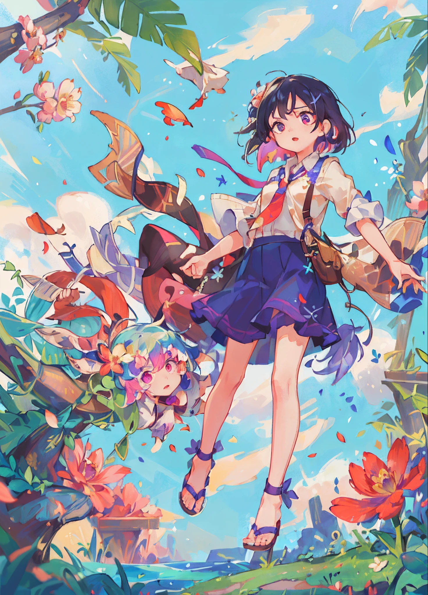 (best quality),(masterpiece:1.2), (highres), (extremely detailed), (highly detailed face), (highly detailed eyes), whole body, 1girl, (solo) , radiance, small breasts, (colorful hair:1.2) ,(colorful eyes), double tail, (falling petals:1.2), short hair, shirt, skirt, leg, foot, sky, wood, plants, ((stair)), sandal, cloud, summer sky,