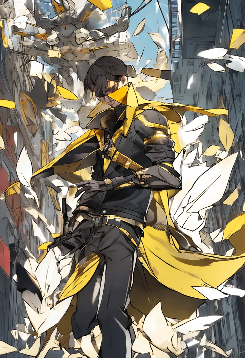 Hyper-realistic style,Yellow and black skin,Man on the road,Wear clothes with a collar,Clothes related to the feather element,Look ahead,standing on your feet