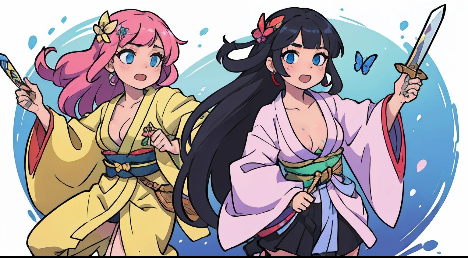 Two age girls、full body Esbian、Practice dancing with a sword、Fine pattern Japan sword、ultradetailed eyes、Rainbow painting drops、Full Paint、Splash、Long color hair、Paint Kimono、Super luxury kimono、Rainbow Paint Kimono、（hair adornments、耳Nipple Ring、Floral hair ornament、butterfly hair ornament）、Sword Practice