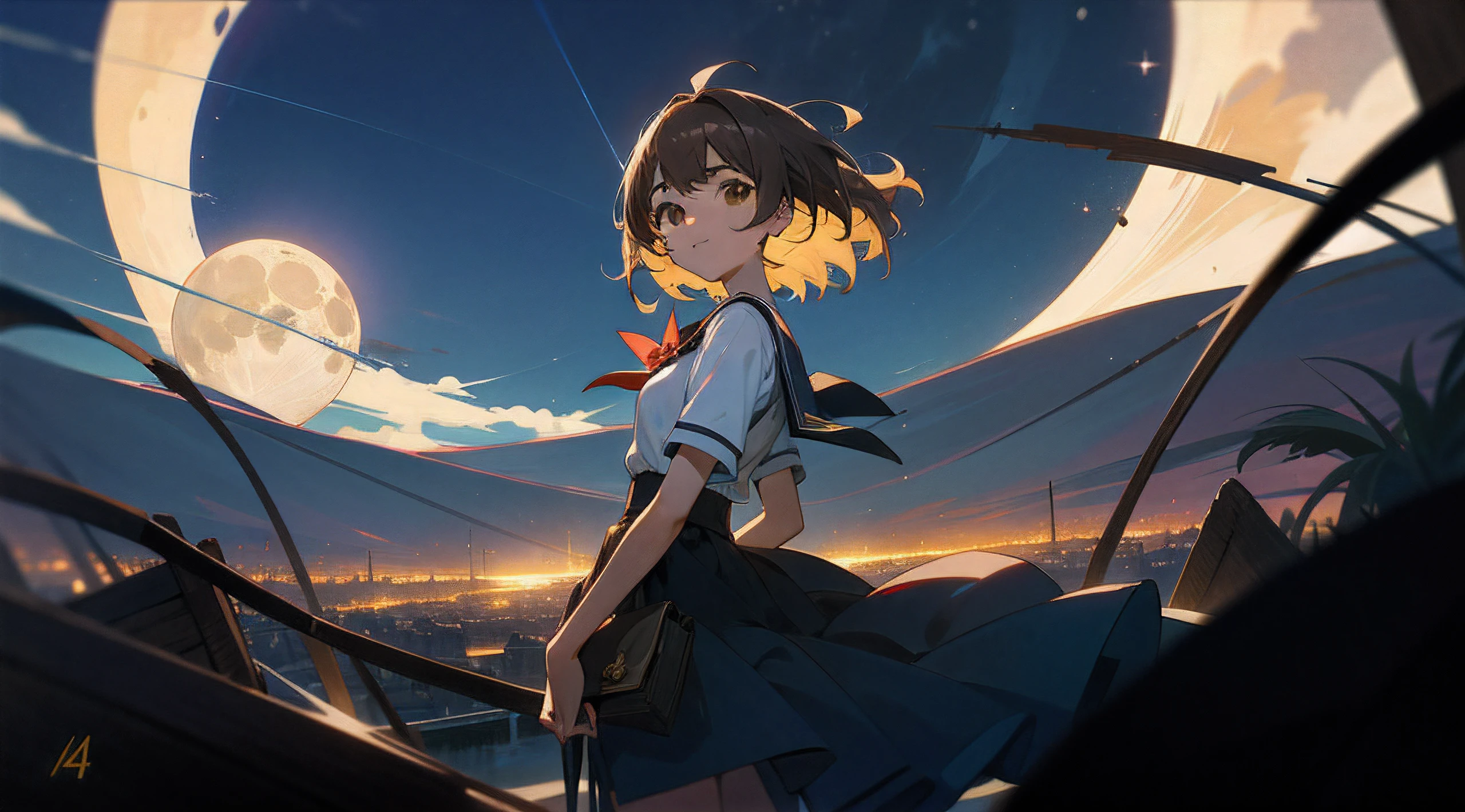 Chica de anime con un traje escolar negro viendo la luna llena por la noche, 1girl, Chica anime, (short brown hair), pelo corto, pelo despeinado, viento, viento en pelo, brown eyes, (ojos preciosos), ojos brillosos, falda, sonrisa, cara angelical, CAMISETA JUST BLACK, red bow, Perfect anatomy, Hermoso cielo azul, noche oscura, luna llena, una luna, hermosos destellos, estrellas por todo el cielo, nubes, Fondo de pantalla perfecto, hermoso fondo de pantalla, Luz naranja y violeta, luz celeste, 4k, HD, manos visibles, dedos bien hechos, fondo detallado, agua con luces, agua esparcida, agua salpicada,