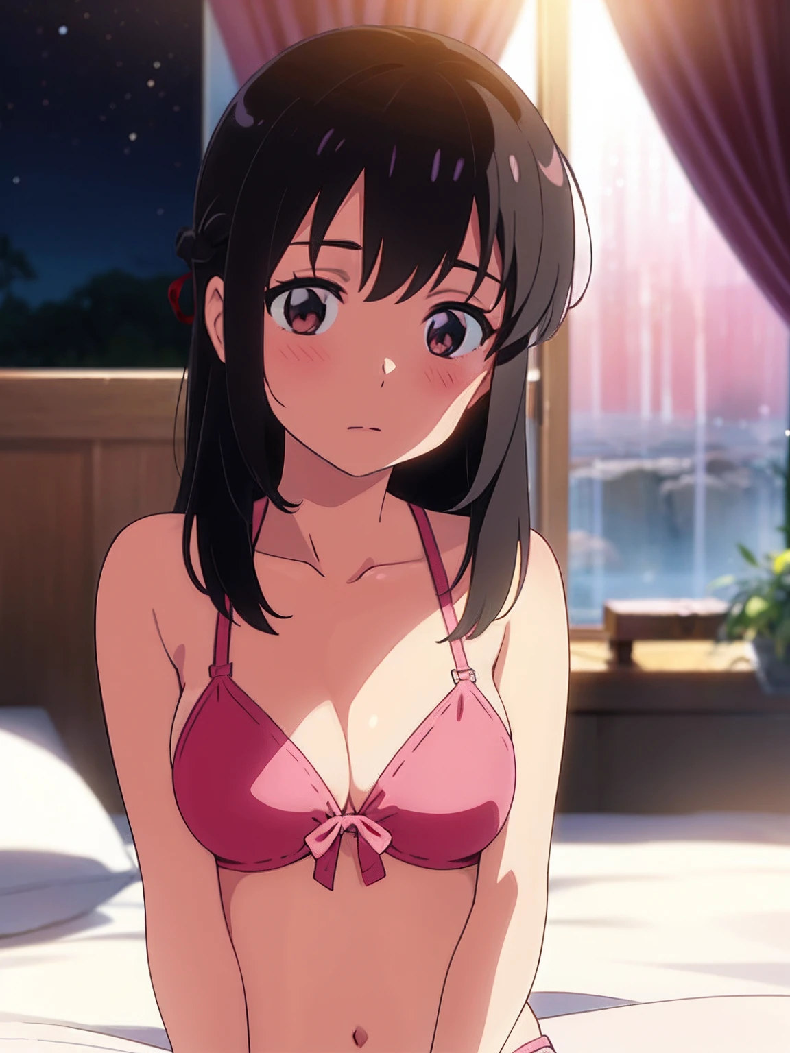 shinkai makoto, kimi no na wa., 1girl, bangs, black hair, brown eyes, waterfall braid, red ribbon, long hair, solo, blush, looking at the viewer, bedroom, night, swimsuit, bikini, light pink bra, breast, medium breast, light pink panties, masterpiece