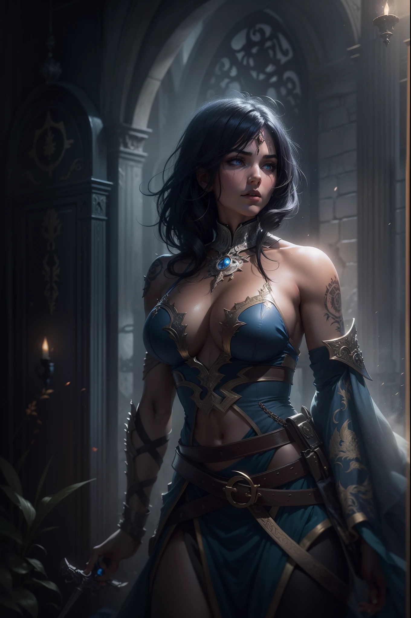 A portrait of a beautiful and sensual woman with cute neckline and breasts, a warrior with blue eyes and short, black hair with a tattoo on her face, she is wearing sexy combat costumes, plunging necklines for medieval fighting training, she is in a dark room with moonlight being the only source of light coming in through the window., A well-contrasted image drenched in mystery we can barely see her face through the darkness many well-marked shadows and a special focus on contour lights cinematic lights a dramatic lighting dramatic pose of profile an environment full of magic shadows and mysteries in a medieval art RPG art a detailed and approximate art a medieval RPG art RPG art game art banner art she has a dark aura because she is Evil as a villain Dramatic art Impactful art Sexy's boobs A Moon warrior Represent the lunar essence in an art with the brightness and light of the moon and a moon in the midst of darkness the lunar magic