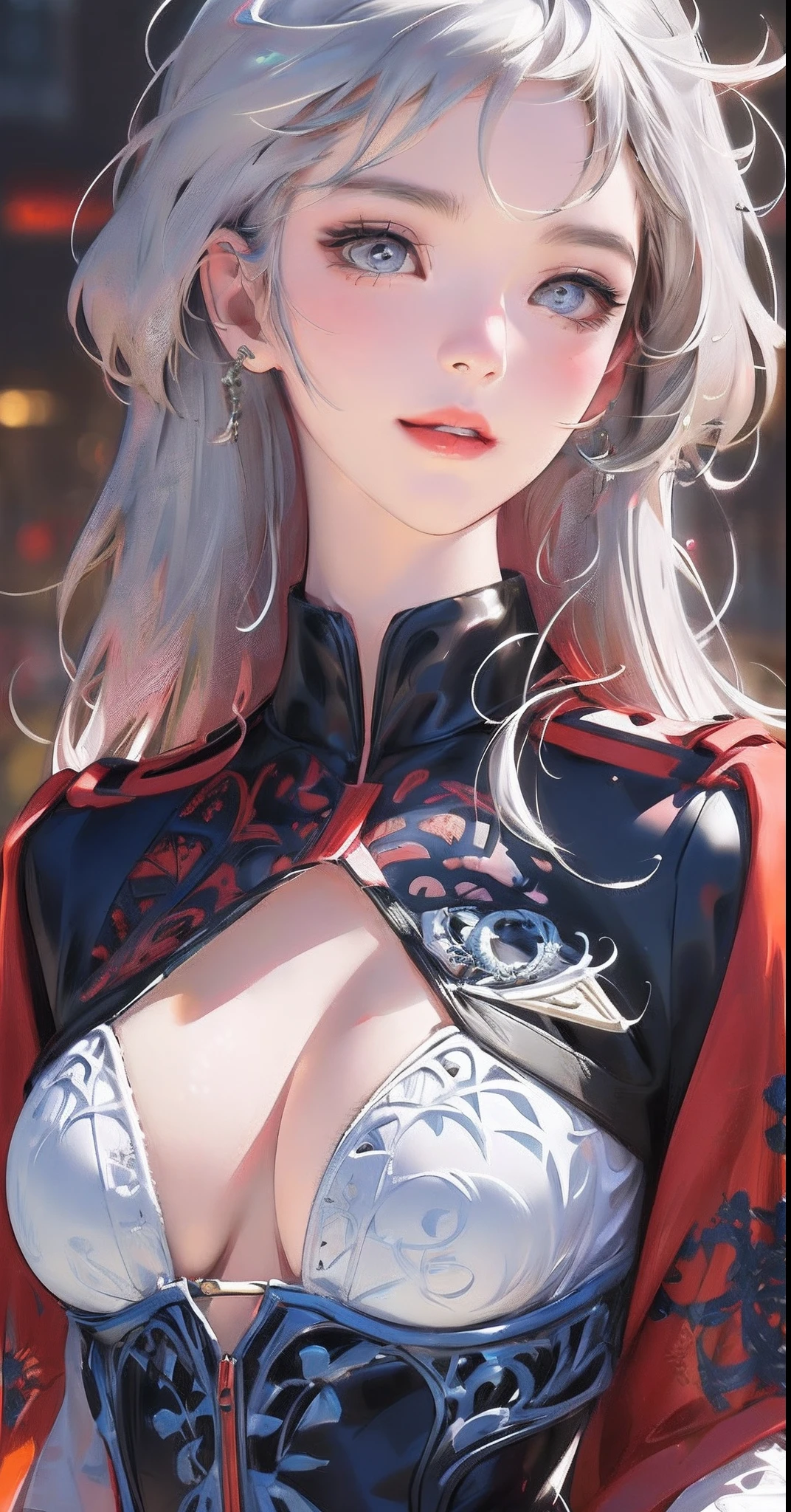 (8k, best quality, masterpiece: 1.2), (realistic, photorealistic photorealistic: 1.37), best quality, masterpiece, unity, an extremely delicate beauty, extremely detailed, ((bountiful lush breasts:1.2)), fine details, masterpiece, best quality, official art, silver long hair, incredibly ridiculous, super detailed, high resolution, very detailed, beautiful detailed girl, extremely detailed eyes and face, beautiful detail eyes, light on face, gray hair, kpop idol, ulzzang-6500, ((intricate uniform:1.3)), focus on breast, blue eyes, blushing, smiling