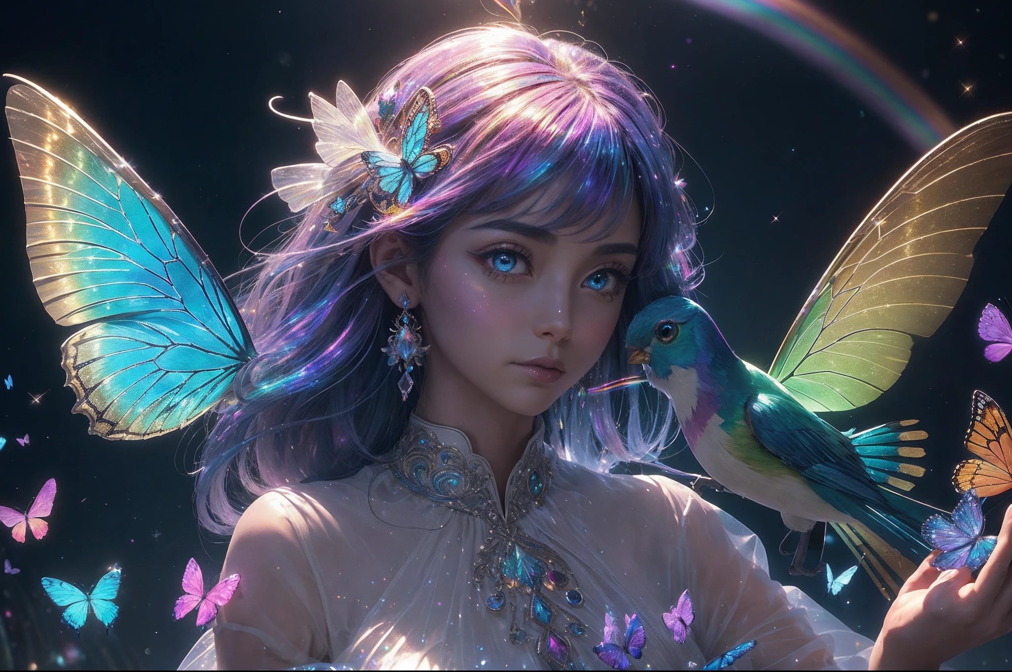 (((masterpiece))), (((best quality))), ((ultra-detailed)),(highly detailed CG illustration), ((an extremely delicate and beautiful)),cinematic light, Create a stunning fantasy artwork that mimics the style of currently trending masters of the genre. The art piece should contain elements of both mythic fantasy and fairytale fantasy with colorful rainbow accents and dark jewel-toned hues. ((Utilize the rainbow as the main color scheme.)) The character in the artwork is a delicate but strong petite figure with an aura of mystery and magic. Pay close attention to intricate facial features, such as mesmerizing eyes with vibrant colors and bold shading. The character's clothing should be designed with gossamer feathers, silk, stunning embroidery, and subtle iridescent details. Incorporate (((translucent iridescent rainbows))), dreamy colors, dynamic lighting, and detailed background elements to create a sense of awe and immersion. ((Include colorful flying magical birds and jewel-toned rainbow butterflies radiating a magical aura.)) Consider the latest trends in fantasy art, such as incorporating unique lighting effects, exploring dynamic and compelling composition techniques, and experimenting with unique color palettes. Take inspiration from the top artists on ArtStation and Midjourney. Camera: Choose an angle that highlights the character's beauty and enhances the magical majesty of the artwork. Lighting: Utilize atmospheric lighting techniques to create depth and mood. Resolution: Aim for a high-resolution artwork to showcase intricate details and clarity. Art Inspirations: Seek inspiration from the trending artists on ArtStation, exploring different styles, genres, and themes.
