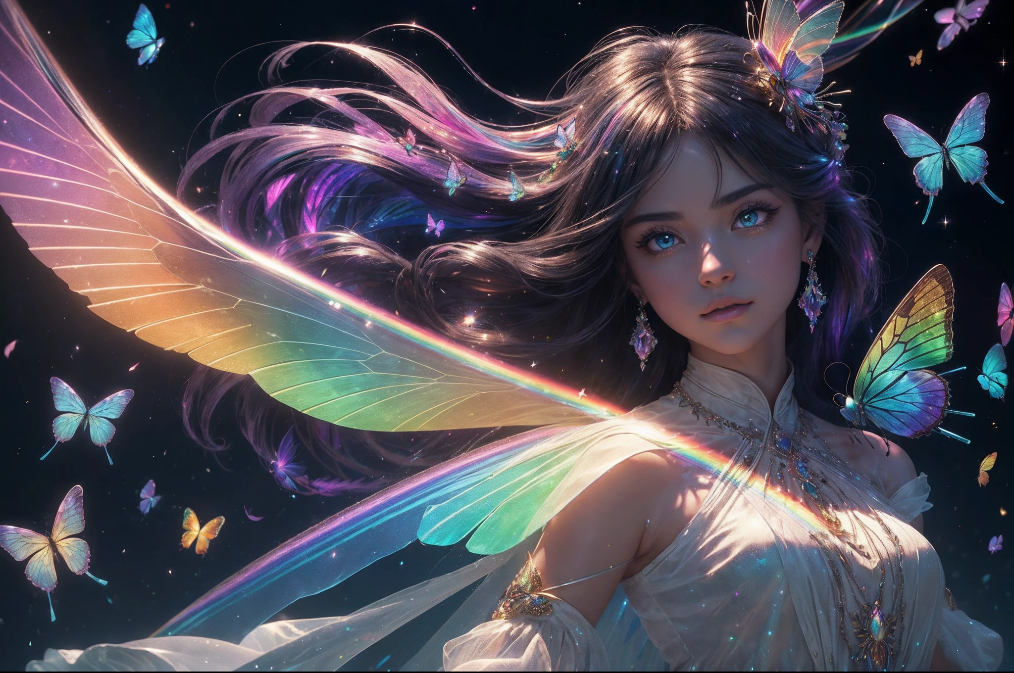 (((masterpiece))), (((best quality))), ((ultra-detailed)),(highly detailed CG illustration), ((an extremely delicate and beautiful)),cinematic light, Create a stunning fantasy artwork that mimics the style of currently trending masters of the genre. The art piece should contain elements of both mythic fantasy and fairytale fantasy with colorful rainbow accents and dark jewel-toned hues. ((Utilize the rainbow as the main color scheme.)) The character in the artwork is a delicate but strong petite figure with an aura of mystery and magic. Pay close attention to intricate facial features, such as mesmerizing eyes with vibrant colors and bold shading. The character's clothing should be designed with gossamer feathers, silk, stunning embroidery, and subtle iridescent details. Incorporate (((translucent iridescent rainbows))), dreamy colors, dynamic lighting, and detailed background elements to create a sense of awe and immersion. ((Include colorful flying magical birds and jewel-toned rainbow butterflies radiating a magical aura.)) Consider the latest trends in fantasy art, such as incorporating unique lighting effects, exploring dynamic and compelling composition techniques, and experimenting with unique color palettes. Take inspiration from the top artists on ArtStation and Midjourney. Camera: Choose an angle that highlights the character's beauty and enhances the magical majesty of the artwork. Lighting: Utilize atmospheric lighting techniques to create depth and mood. Resolution: Aim for a high-resolution artwork to showcase intricate details and clarity. Art Inspirations: Seek inspiration from the trending artists on ArtStation, exploring different styles, genres, and themes.