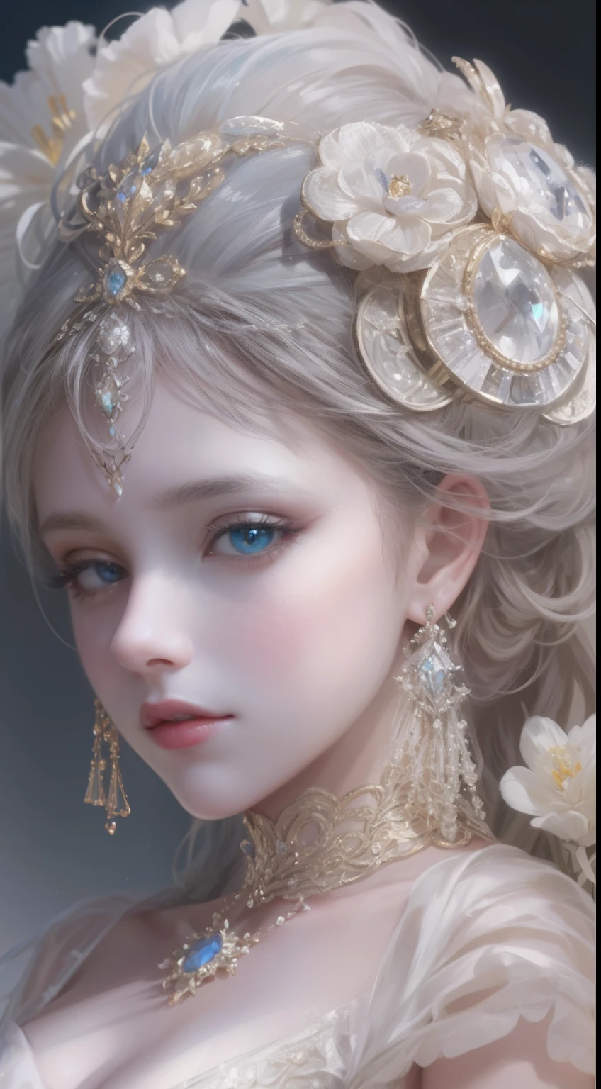 tmasterpiece,Highest high resolution,A bust of a beautiful royal maiden,Delicate braided hair,Coiled hair,Shining clear eyes,The hair is covered with beautiful and delicate floral craftsmanship, crystal、Diamond jewelry filigree,Ultra-detailed details,upscaled,softlighting。