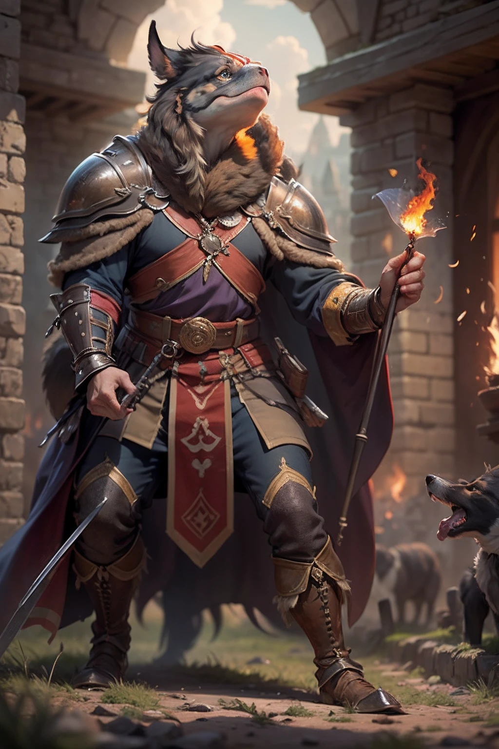 (anthropomorphic turtle),(Hound warrior:1.4),coda,a tall body,Stout limbs,disdain,ran,tosen,The long hairs of the flame fluttered in the wind,combats,Dynamic lines,Dimly lit battlefield,Ruined castle,(stereoscopic perspective:1.4),Works of masters,super-fine,4K分辨率,high qulity,电影灯光,High picture detail,Detailed pubic hair,Epic shooting,Clearly focused hair,Detailed hair depiction,acurate