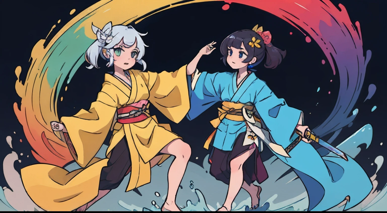 Two teenage girls、full body Esbian、Practice dancing with a sword、Fine pattern Japan sword、ultradetailed eyes、Rainbow painting drops、Full Paint、Splash、Long color hair、Paint Kimono、Super luxury kimono、Rainbow Paint Kimono、(hair adornments、耳Nipple Ring、Floral hair ornament、butterfly hair ornament)、Sword Practice