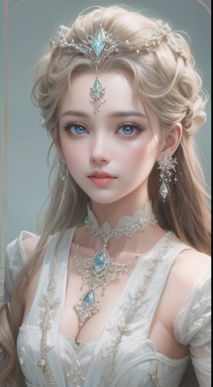 tmasterpiece，Highest high resolution，A bust of a beautiful royal maiden，Delicate braided hair，Coiled hair，Shining clear eyes，The hair is covered with beautiful and delicate floral craftsmanship, crystal、Diamond jewelry filigree，Ultra-detailed details，upscaled，softlighting。