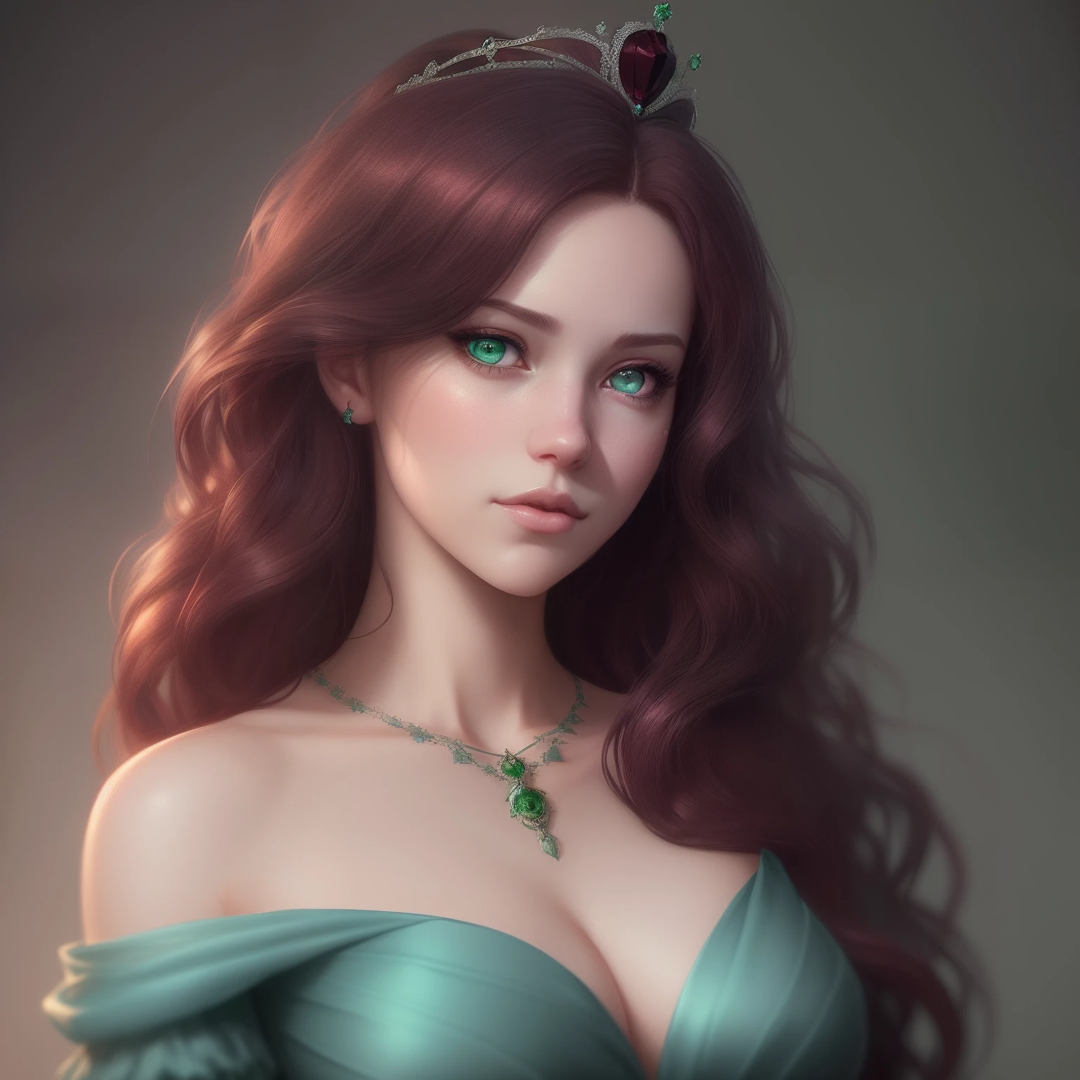 realistic girl posing for a photo, looking at camera,(wavy burgundy hair), (light green eyes), hair with many details, beautiful sensual neckline, medium breasts, 8k artgerm bokeh, fanart best artstation, render photorealistic girl, guweiz-style art, inspired by WLOP, ig model | artgerm, detailed portrait of realistic girl, stunning portrait of realistic face, beautiful portrait, deviantart artstation cgscosiety, regal princess with crown, (full body), blue ballgown