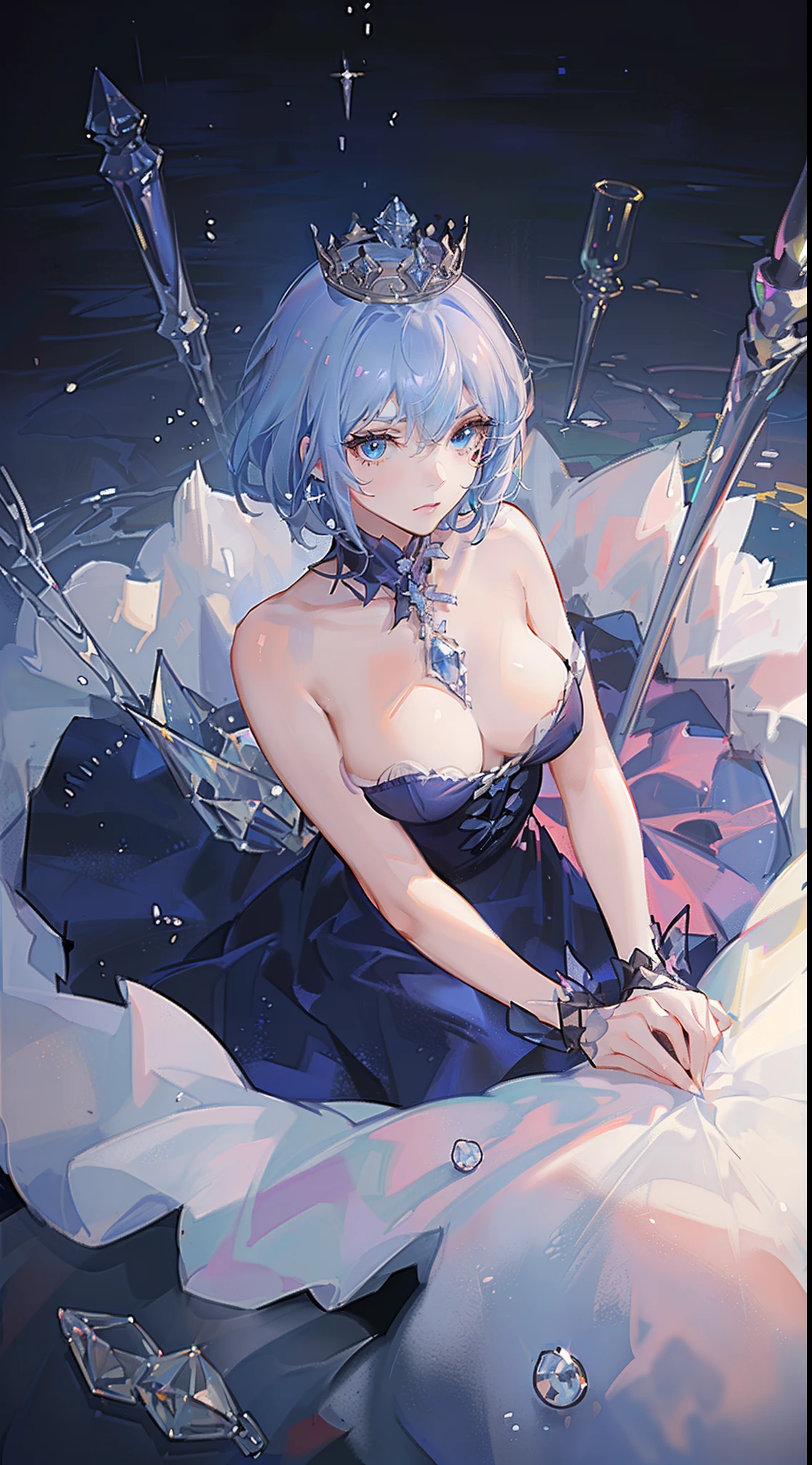 Adult woman, Short blue hair, blue eyes, big breastes, pale skin, Ice Crown, ice dress, Cold, emotionless look, blue lipstick, Masterpiece, hiquality