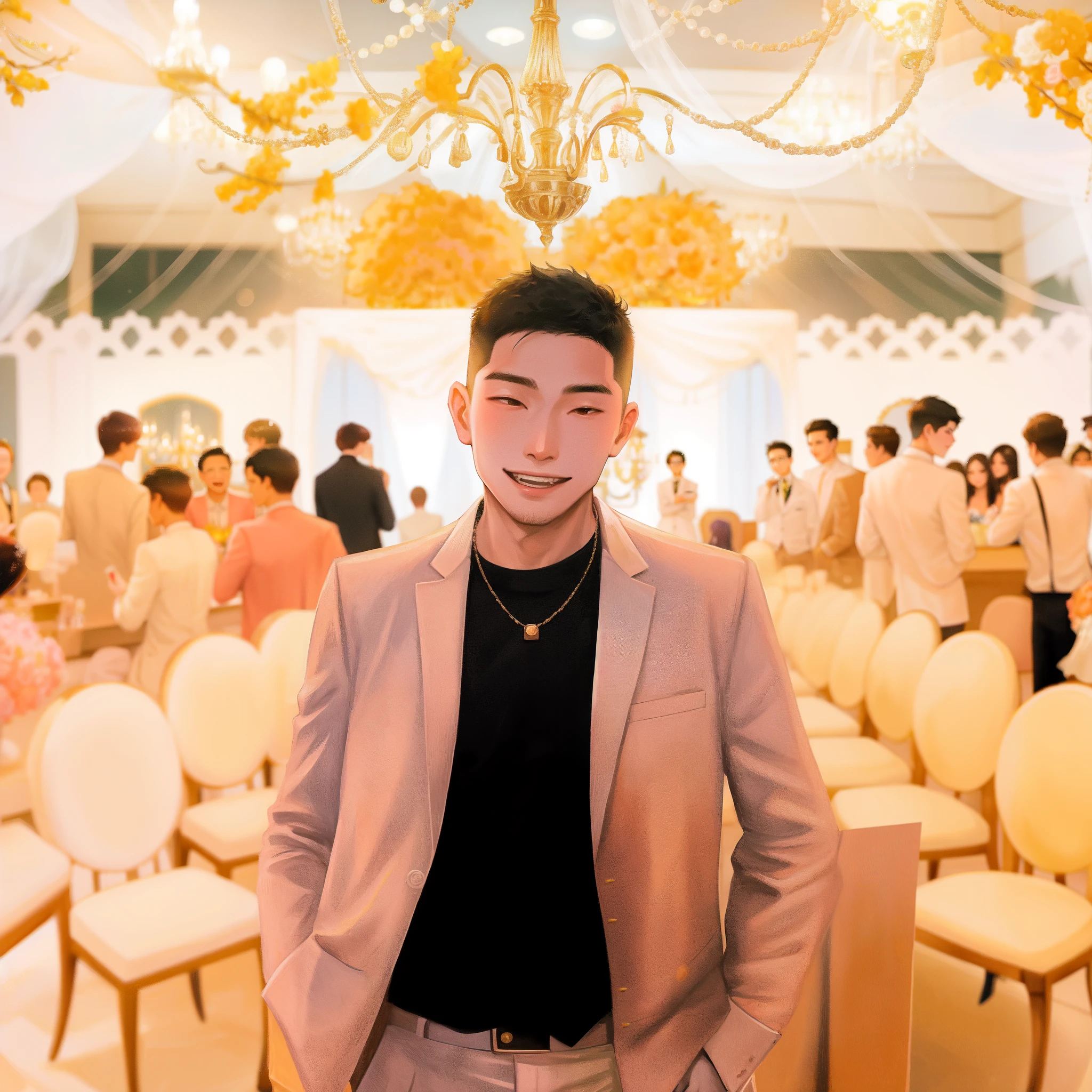 there is a man standing in a room with chairs and a chandelier, by Robbie Trevino, darren quach, rick dai, damien tran, john jude palencar, stanley artgem lau, groom, alejandro, khyzyl saleem, by Byron Galvez, wedding, affable ， wenjun lin, david luong, backdrop, ben lo